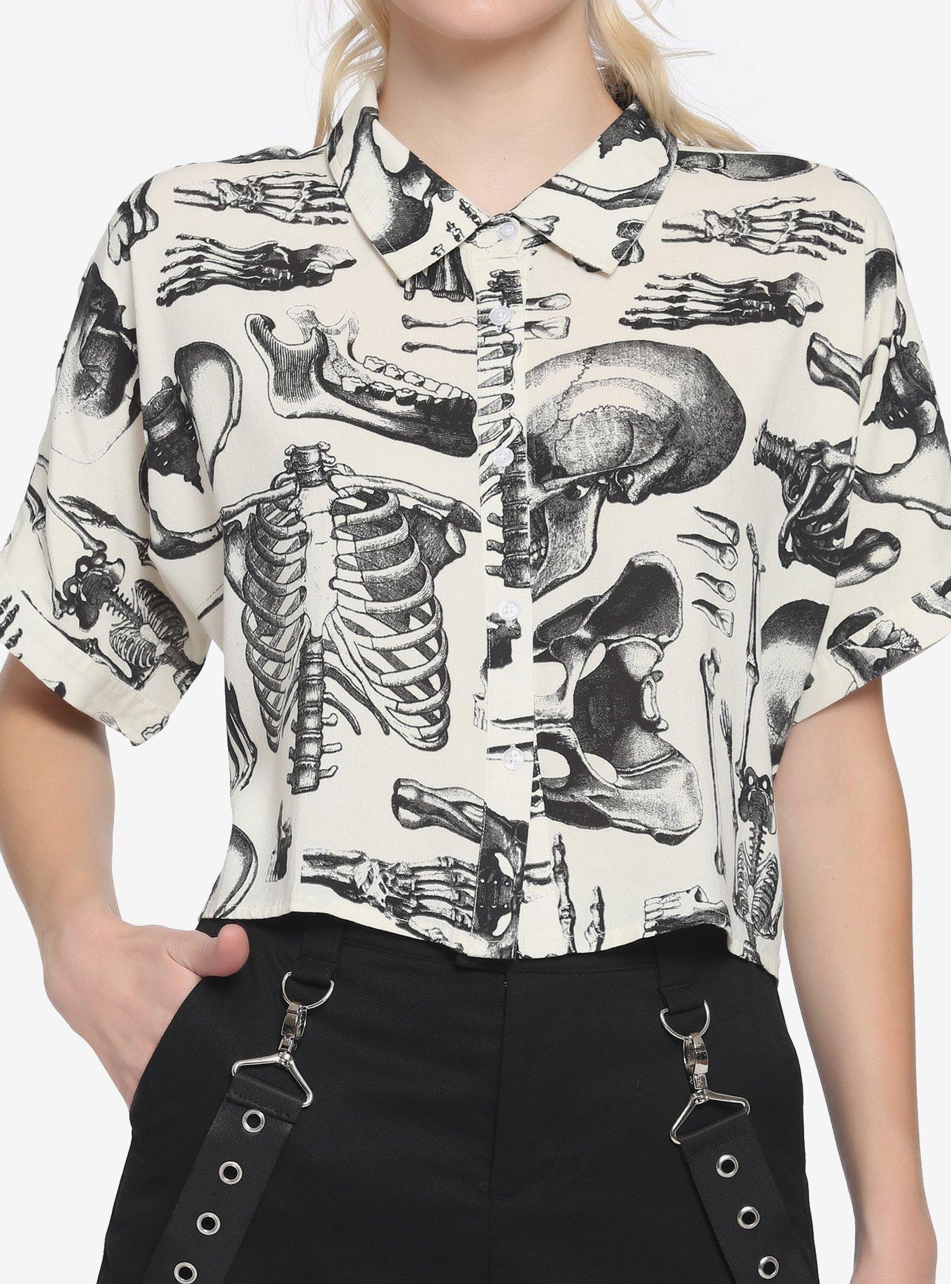 Anatomical Skeleton Sepia Boxy Girls Crop Woven Button-Up, MULTI, hi-res