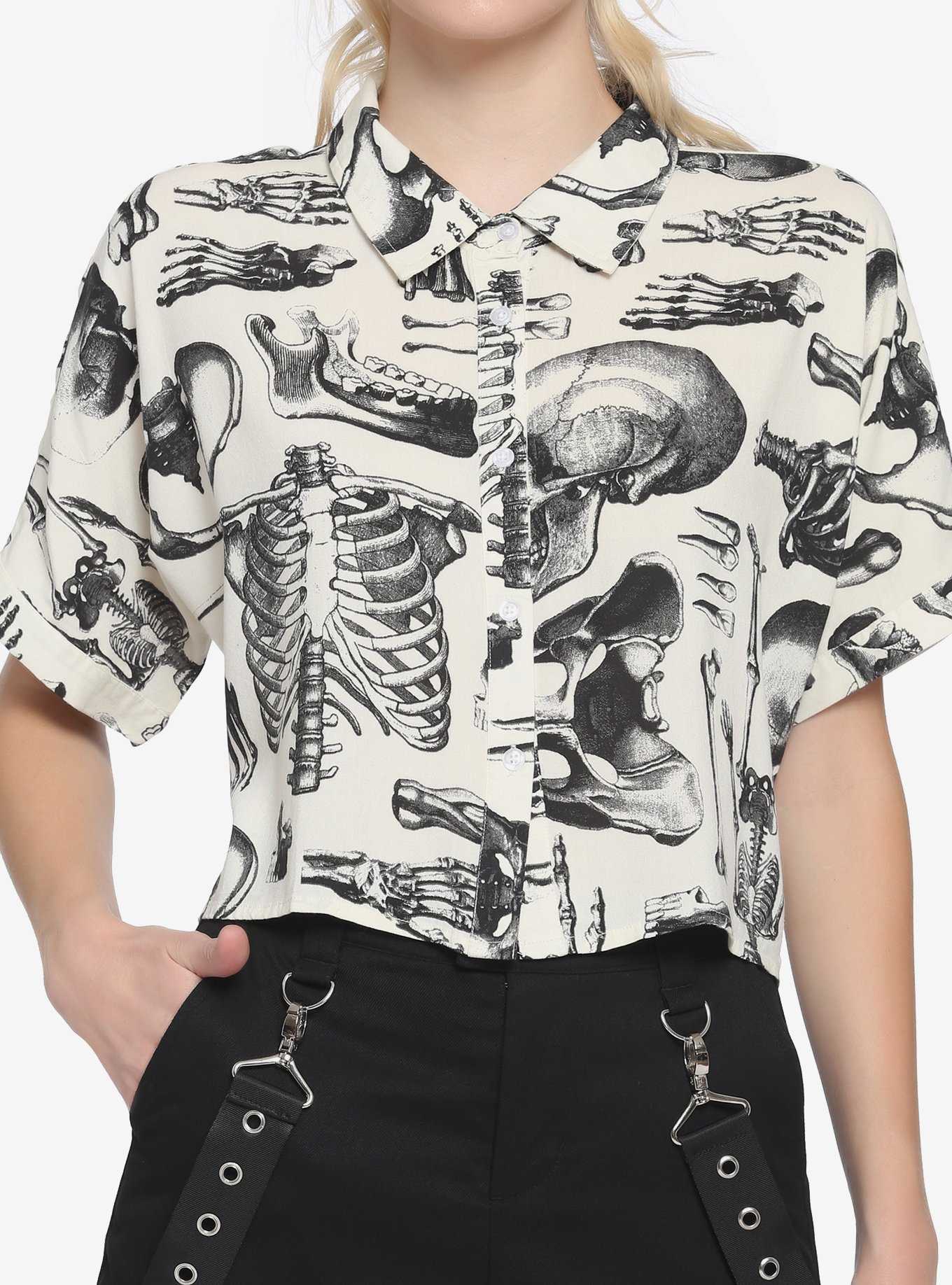 Anatomical Skeleton Sepia Boxy Girls Crop Woven Button-Up, , hi-res