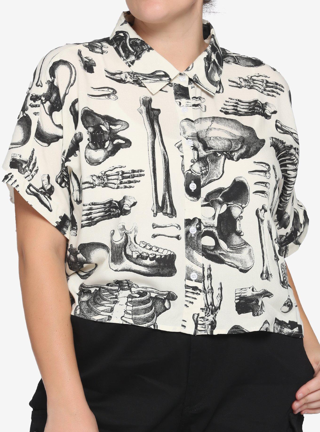 Anatomical Skeleton Sepia Boxy Girls Crop Button-Up Plus Size, MULTI, hi-res