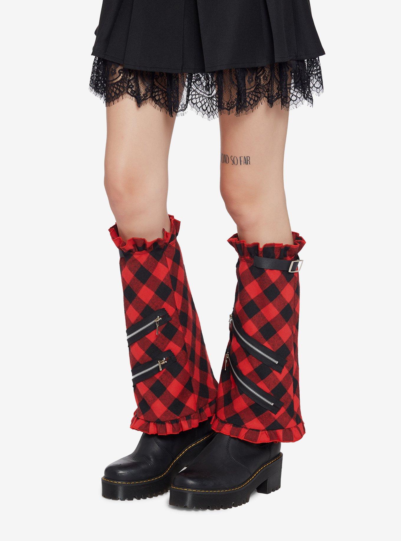 Zipper & Buckle Red Plaid Leg Warmers, , hi-res