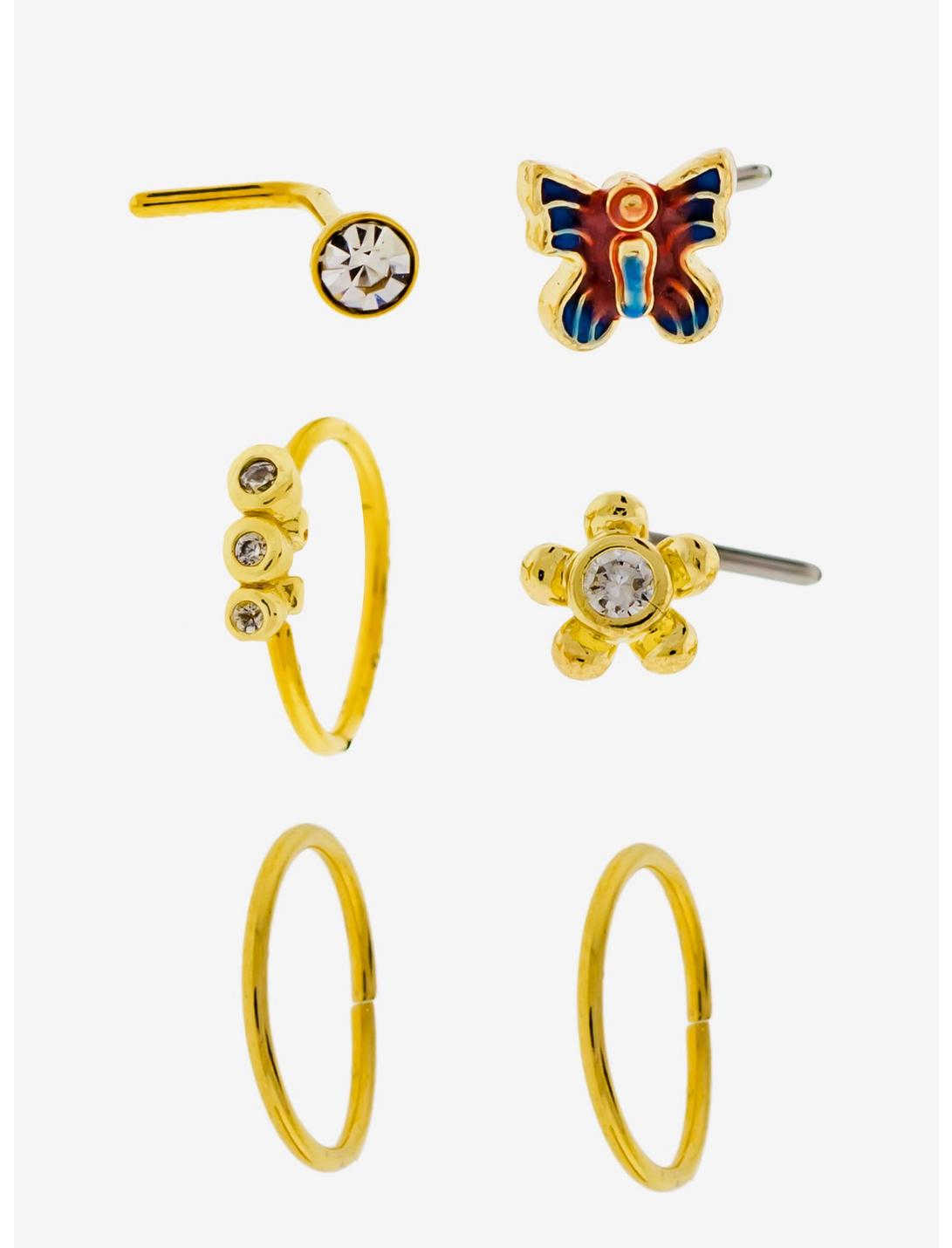 Steel Gold Butterfly & Flowers Nose Stud & Hoop 6 Pack, GOLD, hi-res