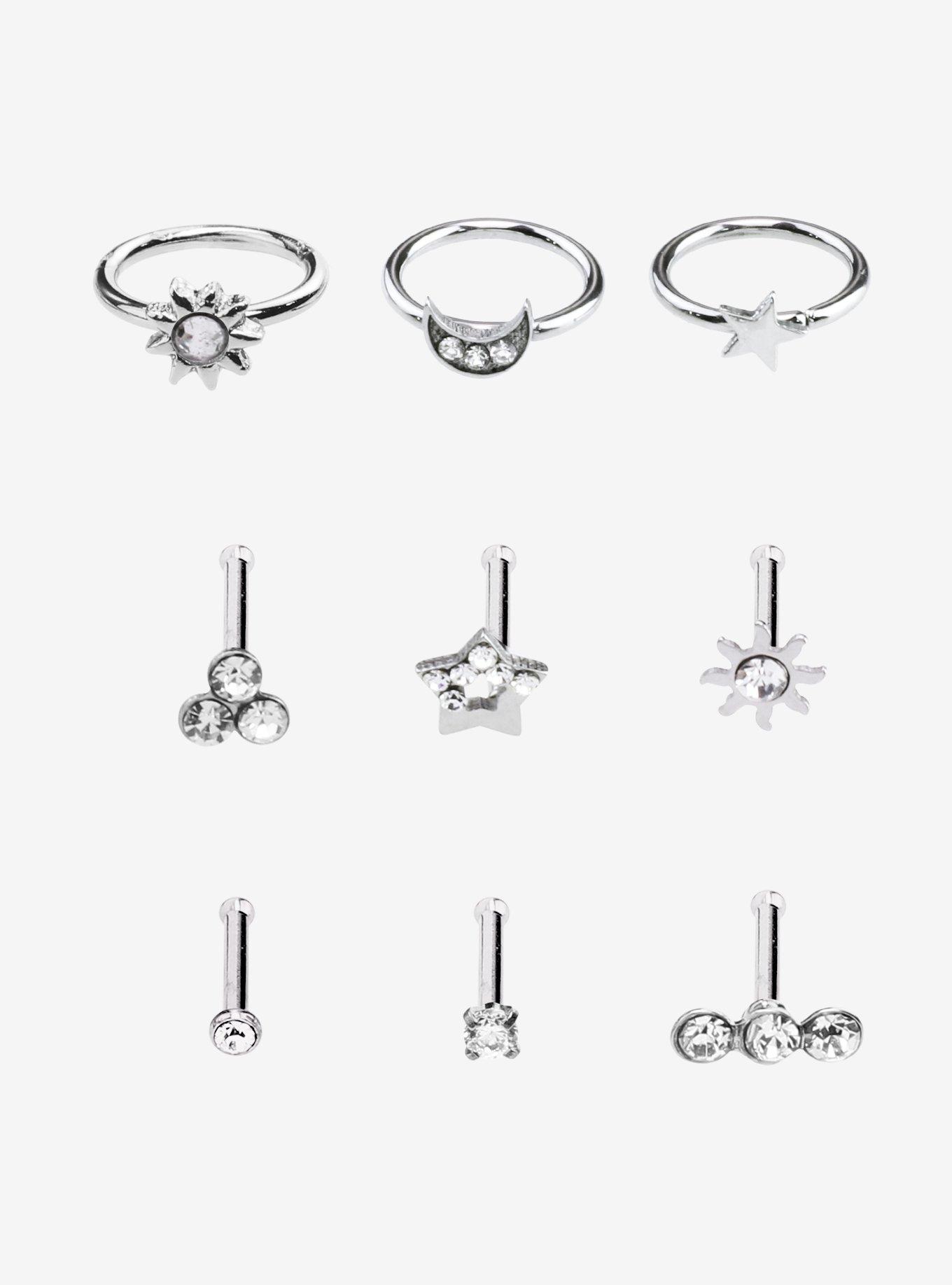Steel Celestial Sparkle Nose Stud & Hoop 9 Pack, SILVER, hi-res
