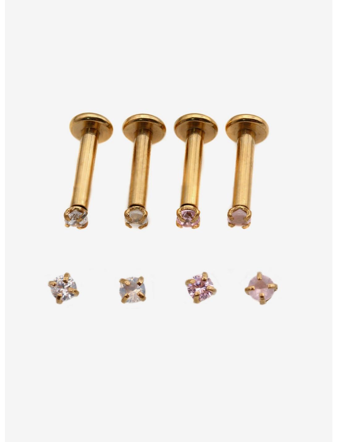 Steel Gold Pink Stone Labret Stud 4 Pack, GOLD, hi-res