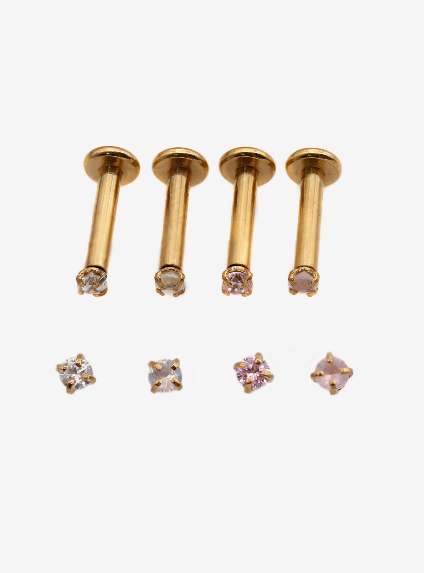 Steel Gold Pink Stone Labret Stud 4 Pack, GOLD, hi-res