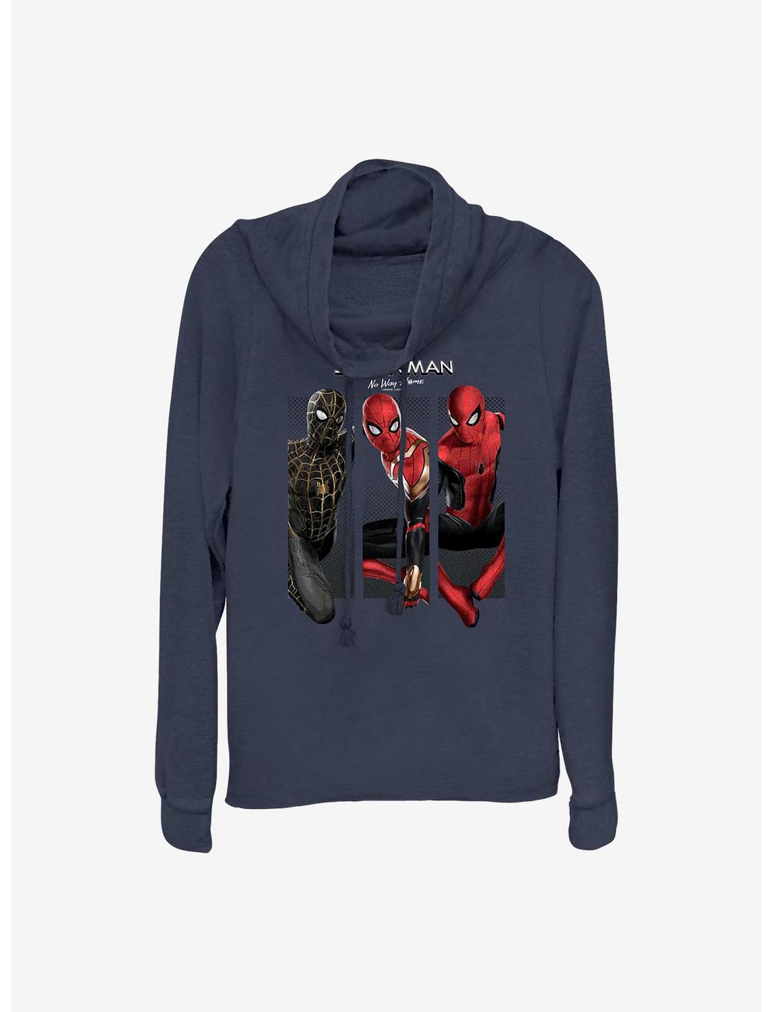 Marvel Spider-Man: No Way Home Three Poses Cowlneck Long-Sleeve Girls Top, NAVY, hi-res