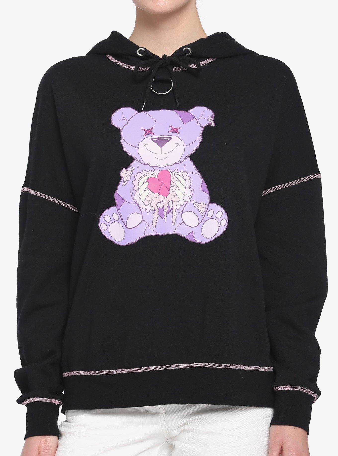 Pastel Ripped Teddy Bear O-Ring Girls Hoodie, BLACK, hi-res