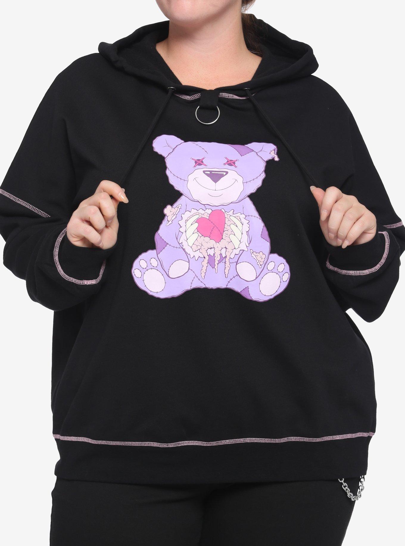 Pastel Ripped Teddy Bear O-Ring Girls Hoodie Plus Size, BLACK, hi-res
