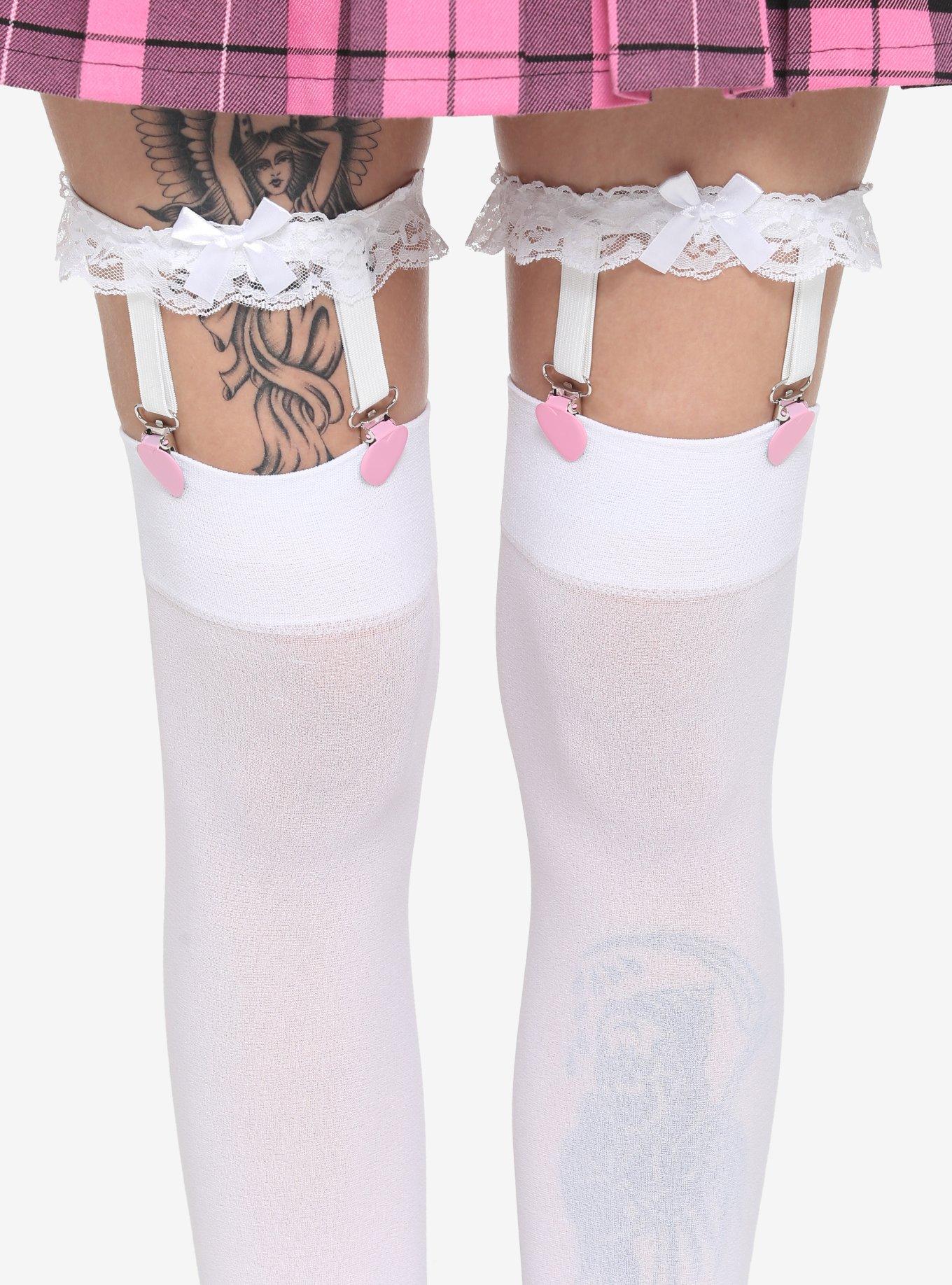 White Lace Pink Heart Garter Set, , hi-res