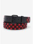 Black & Red Three Row Pyramid Stud Belt, RED, hi-res
