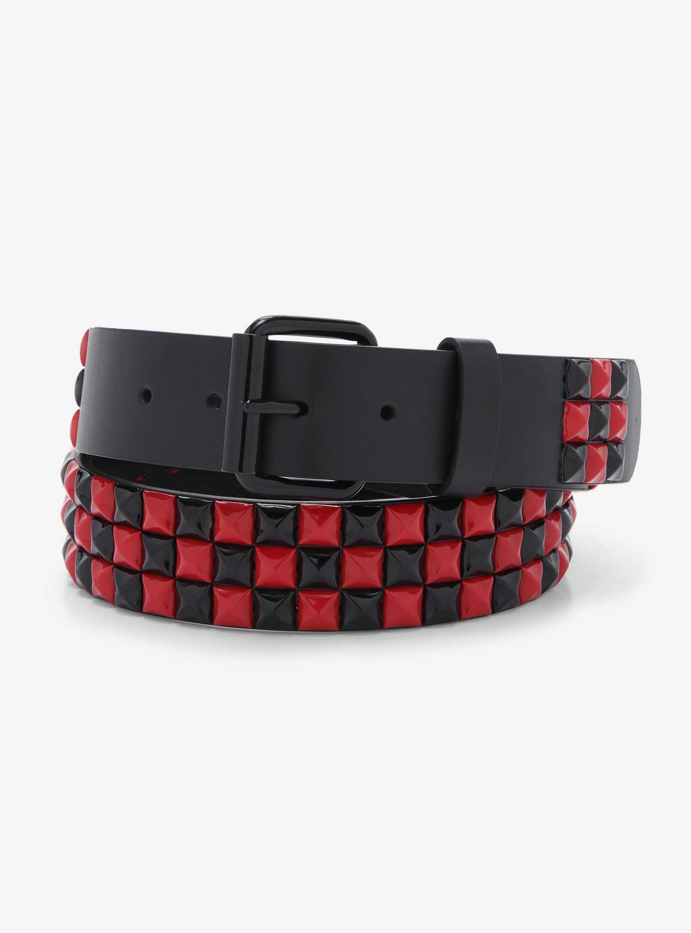 Black & Red Three Row Pyramid Stud Belt | Hot Topic