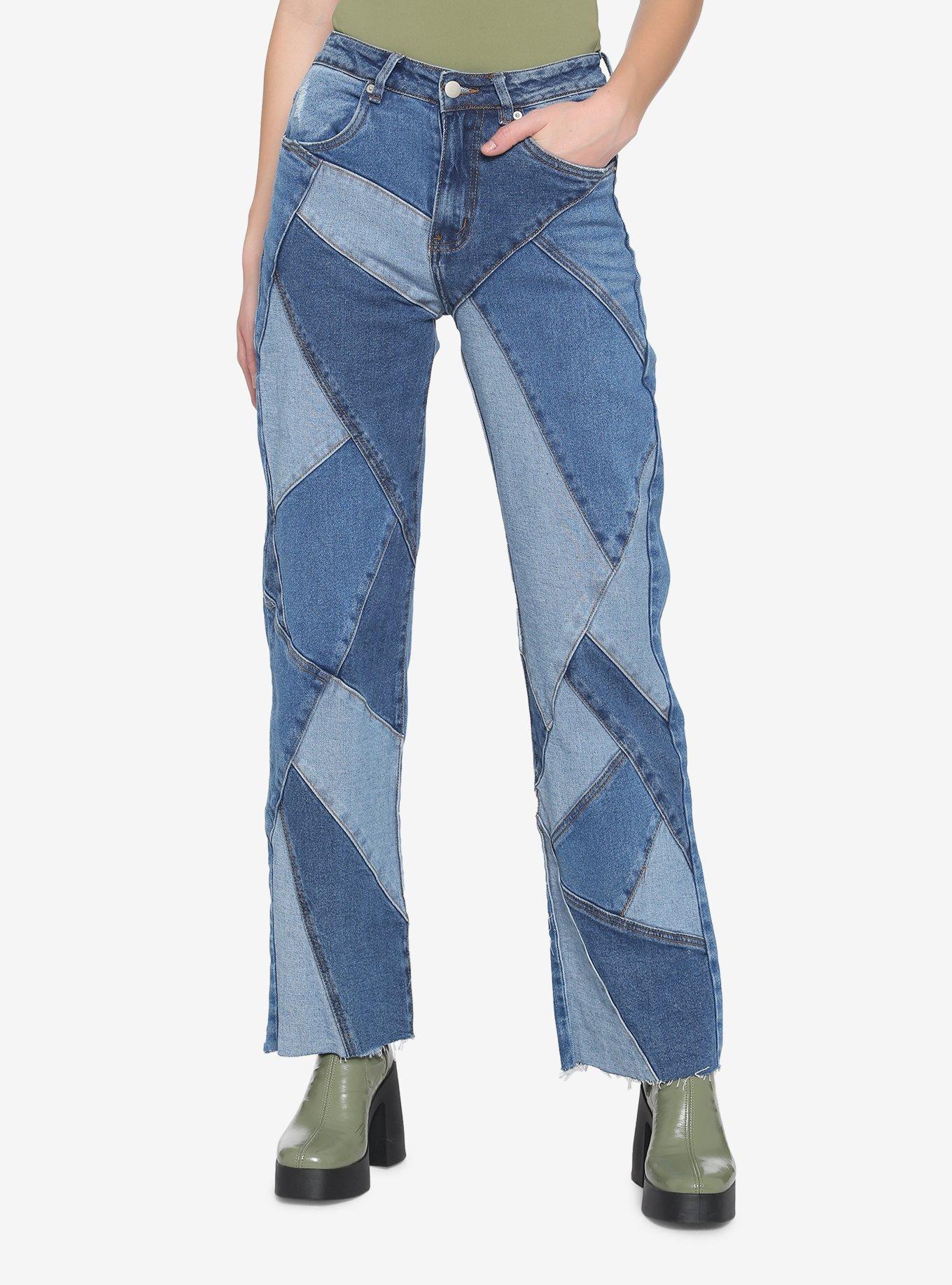 Indigo Patchwork Wide Leg Jeans, Denim