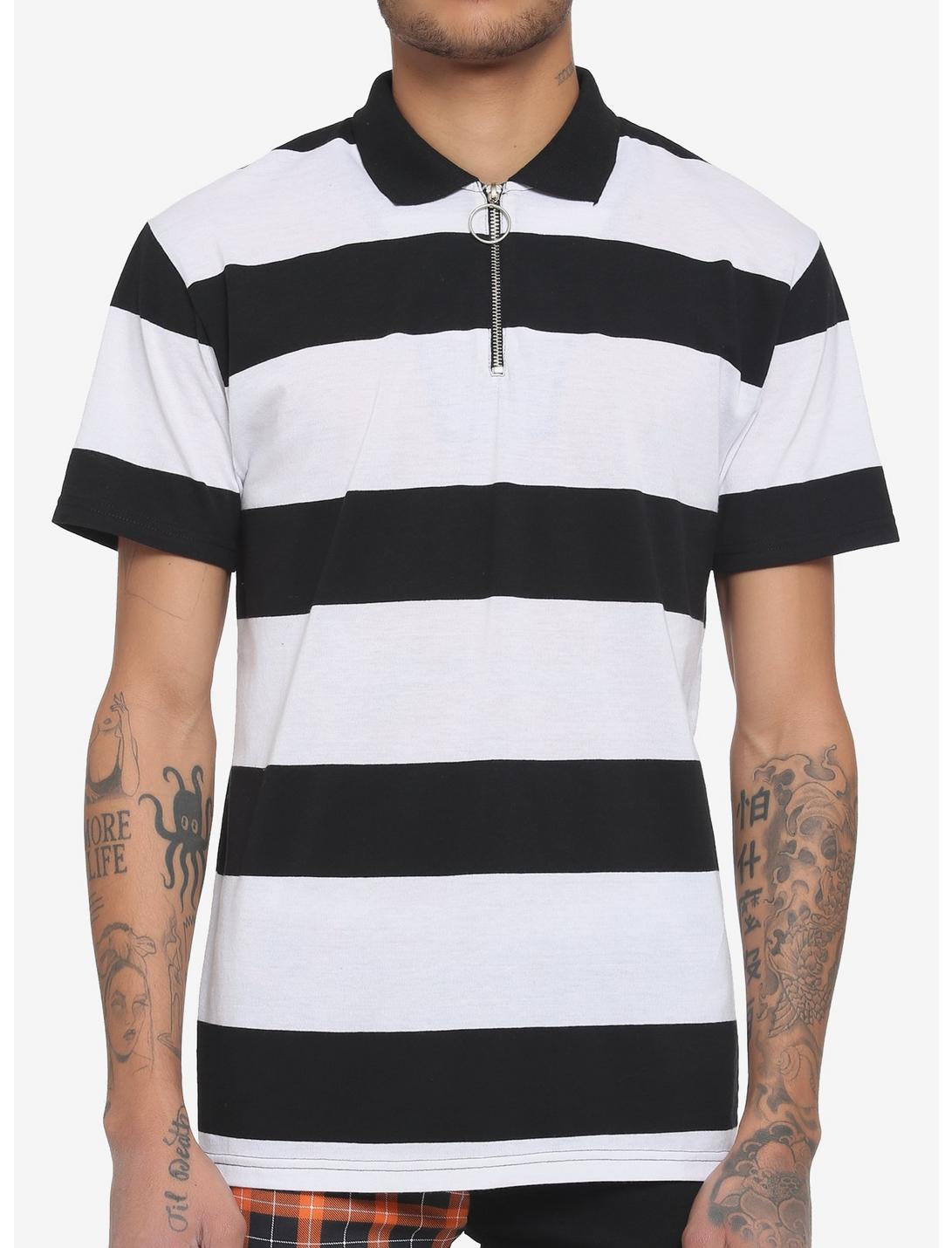 Black & White Stripe Zipper Polo Shirt, STRIPE - WHITE, hi-res