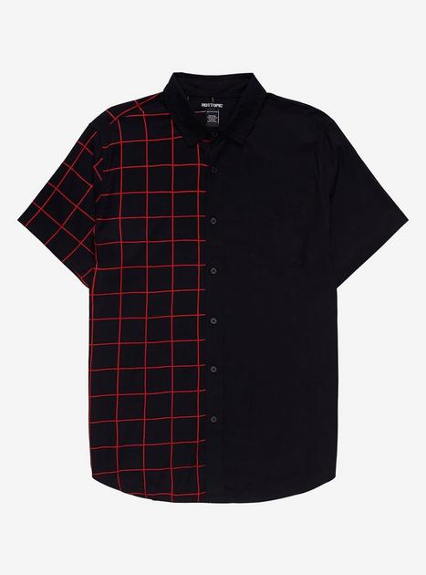 Red & Black Grid Split Woven Button-Up | Hot Topic