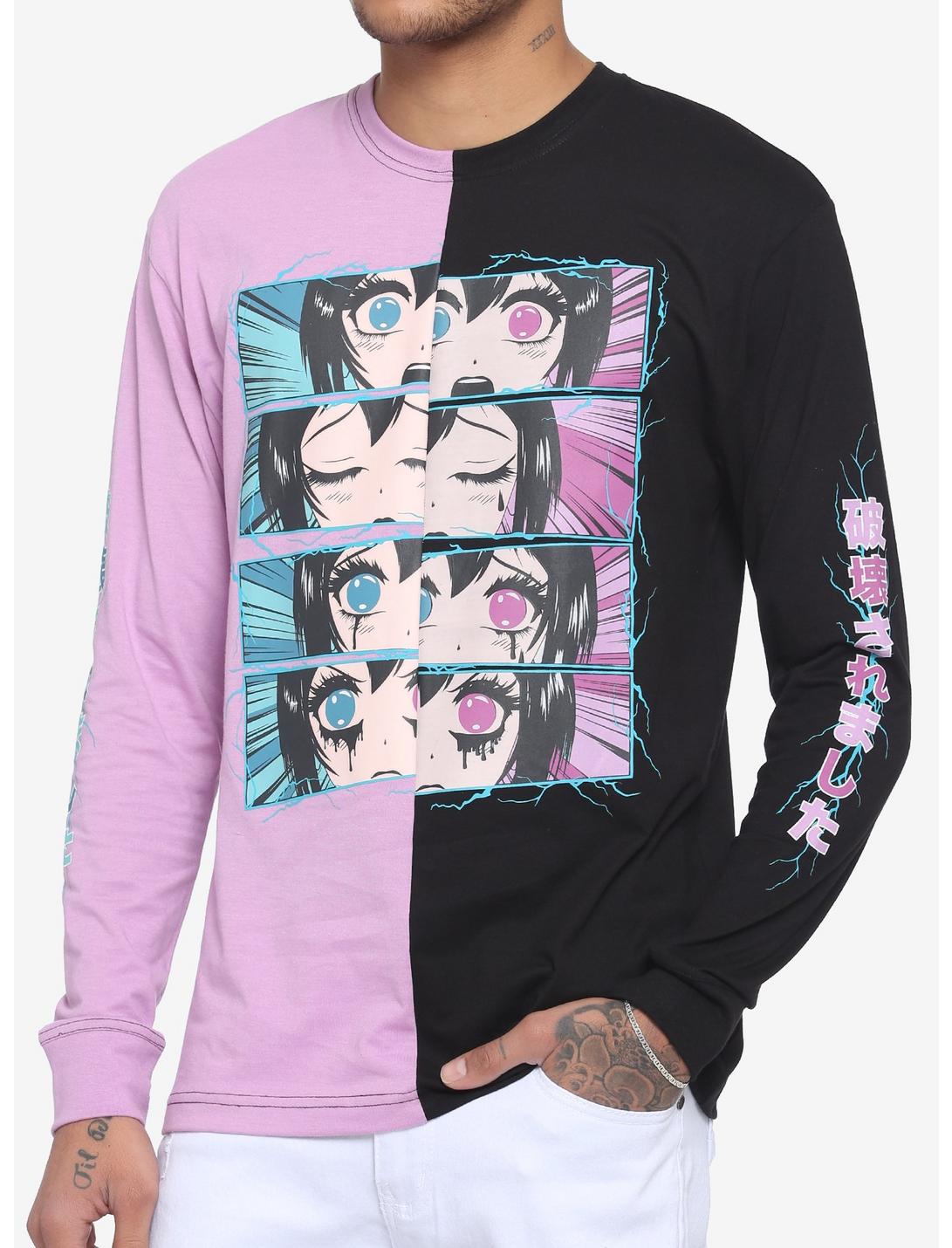 Pastel & Black Anime Eyes Split Long-Sleeve T-Shirt, STRIPE - PURPLE, hi-res