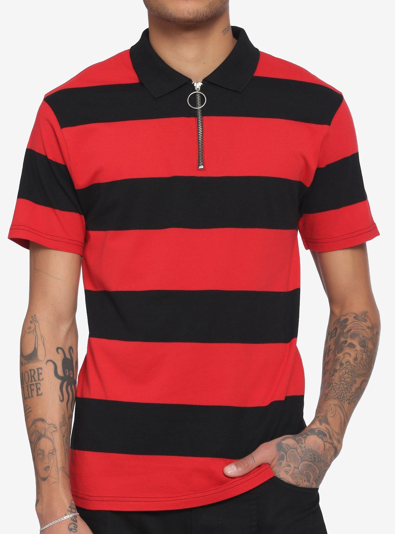 Red & Black Stripe O-Ring Zipper Polo Shirt, STRIPE - RED, hi-res