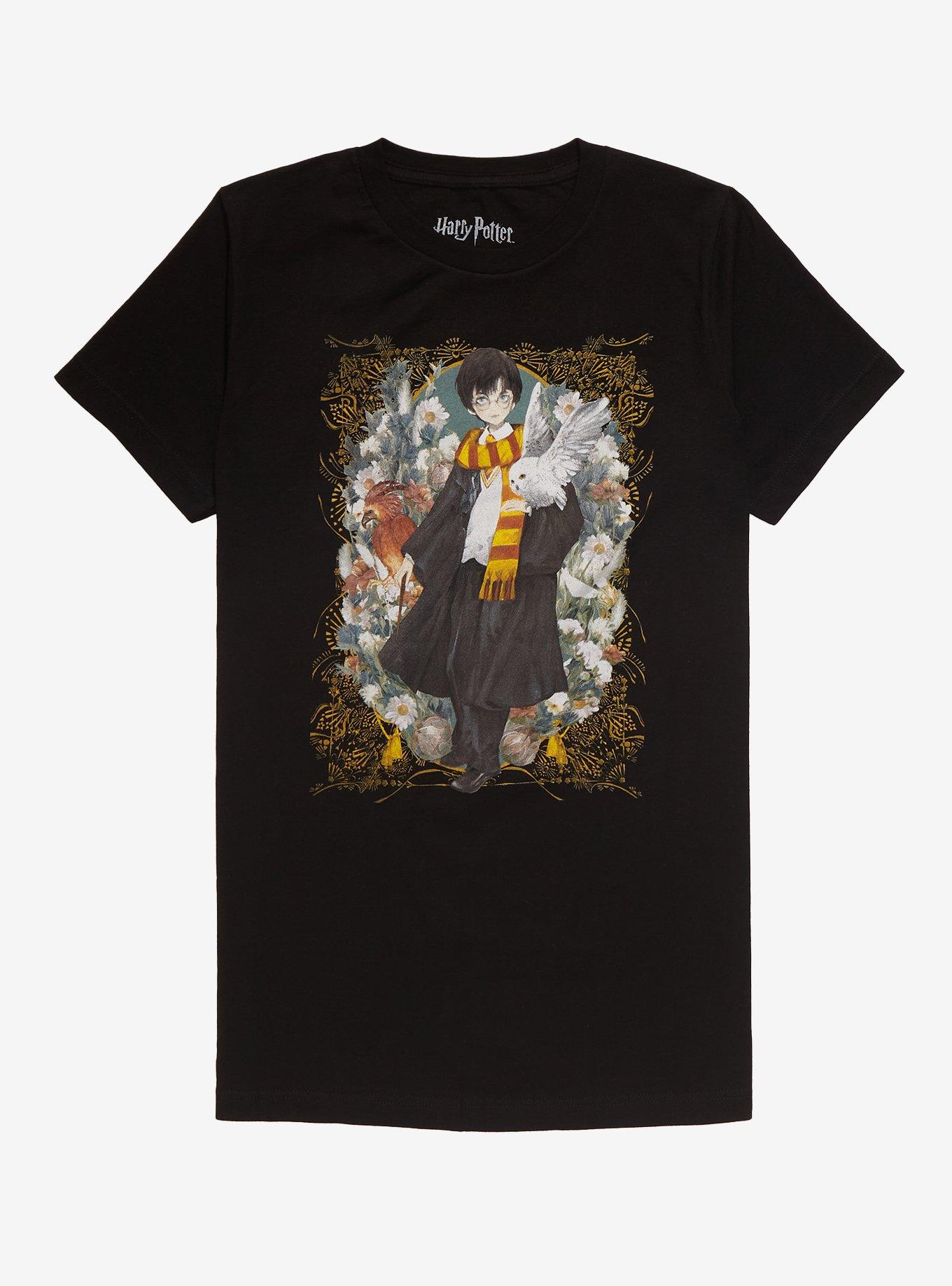 Harry Potter Floral Harry & Hedwig Portrait Women&rsquo;s T-Shirt - BoxLunch Exclusive, BLACK, hi-res