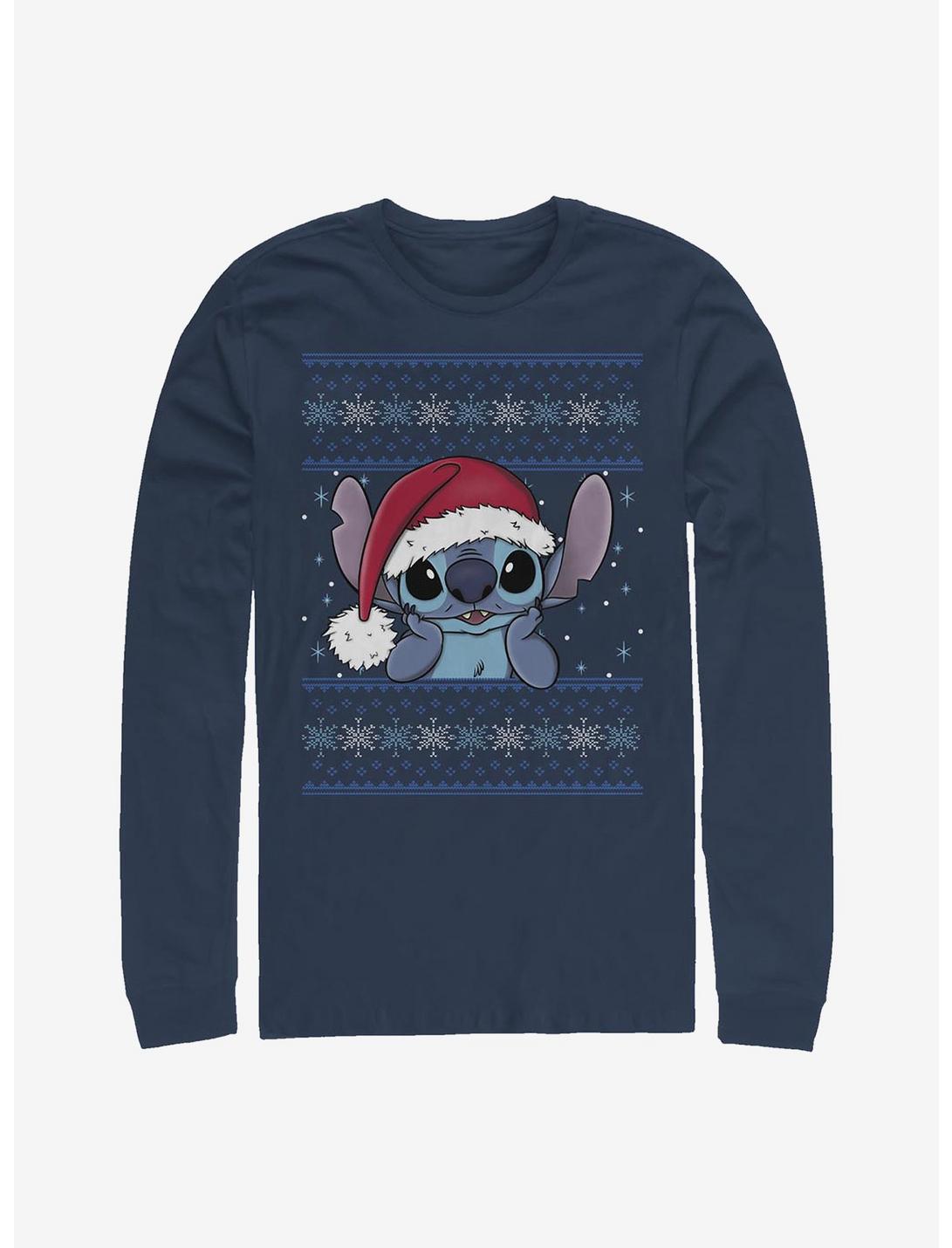 Disney Lilo & Stitch Holiday Stitch Wearing Santa Hat Long-Sleeve T-Shirt, NAVY, hi-res