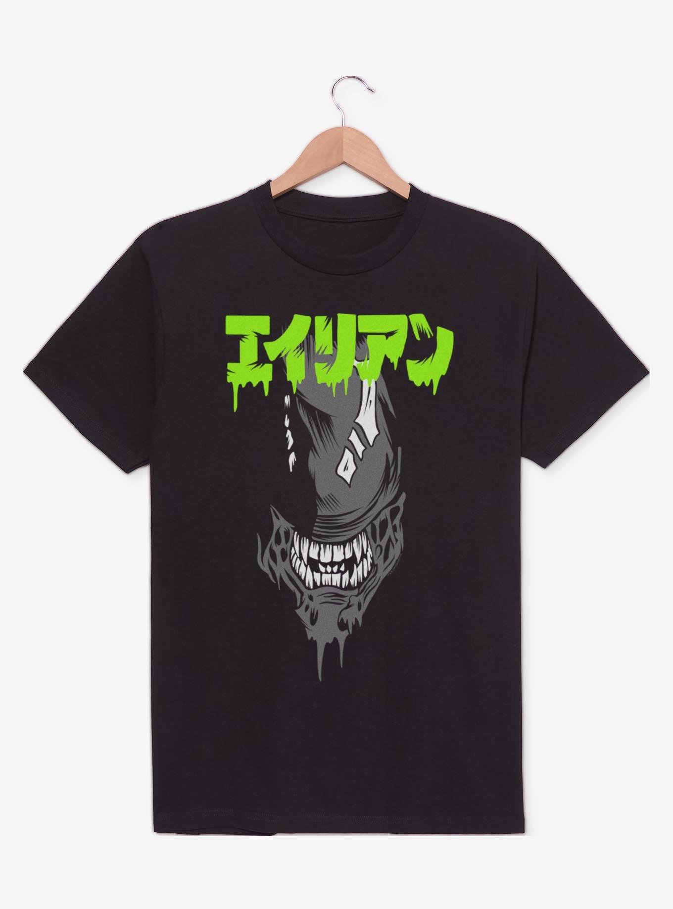 Alien Big Face Japanese Text T-Shirt - BLACK | BoxLunch
