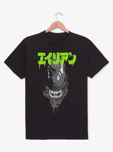 Alien Big Face Japanese Text T-Shirt - BLACK | BoxLunch