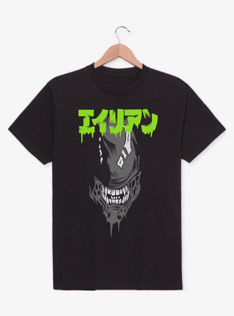 Alien Big Face Japanese Text T-Shirt - BLACK | BoxLunch