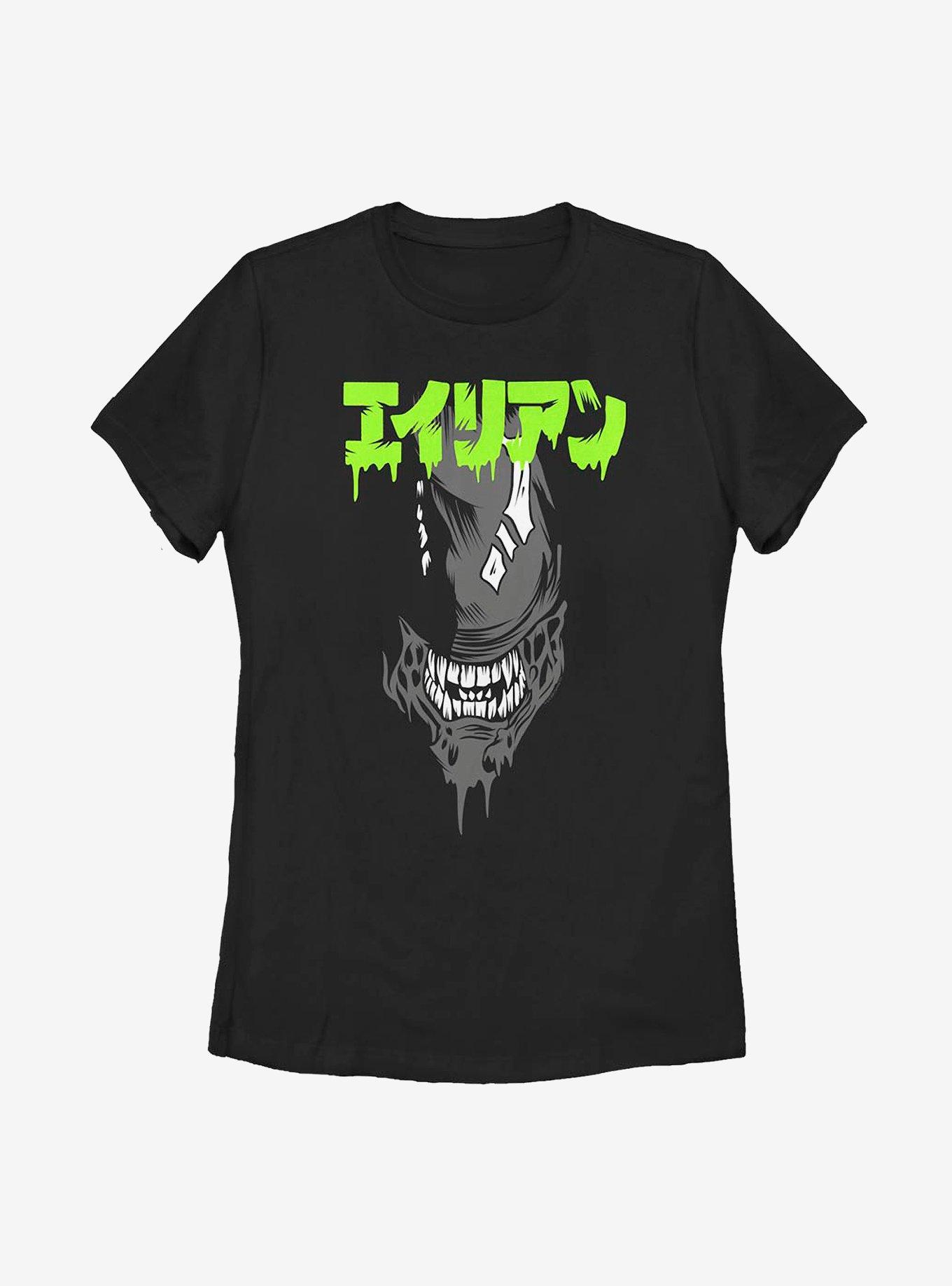 Alien Big Face Japanese Text Womens T-Shirt, BLACK, hi-res