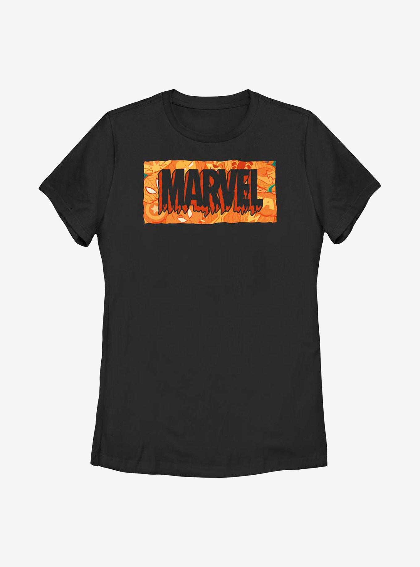 Marvel Spooky Logo Jack O Lantern Fill Womens T-Shirt, BLACK, hi-res