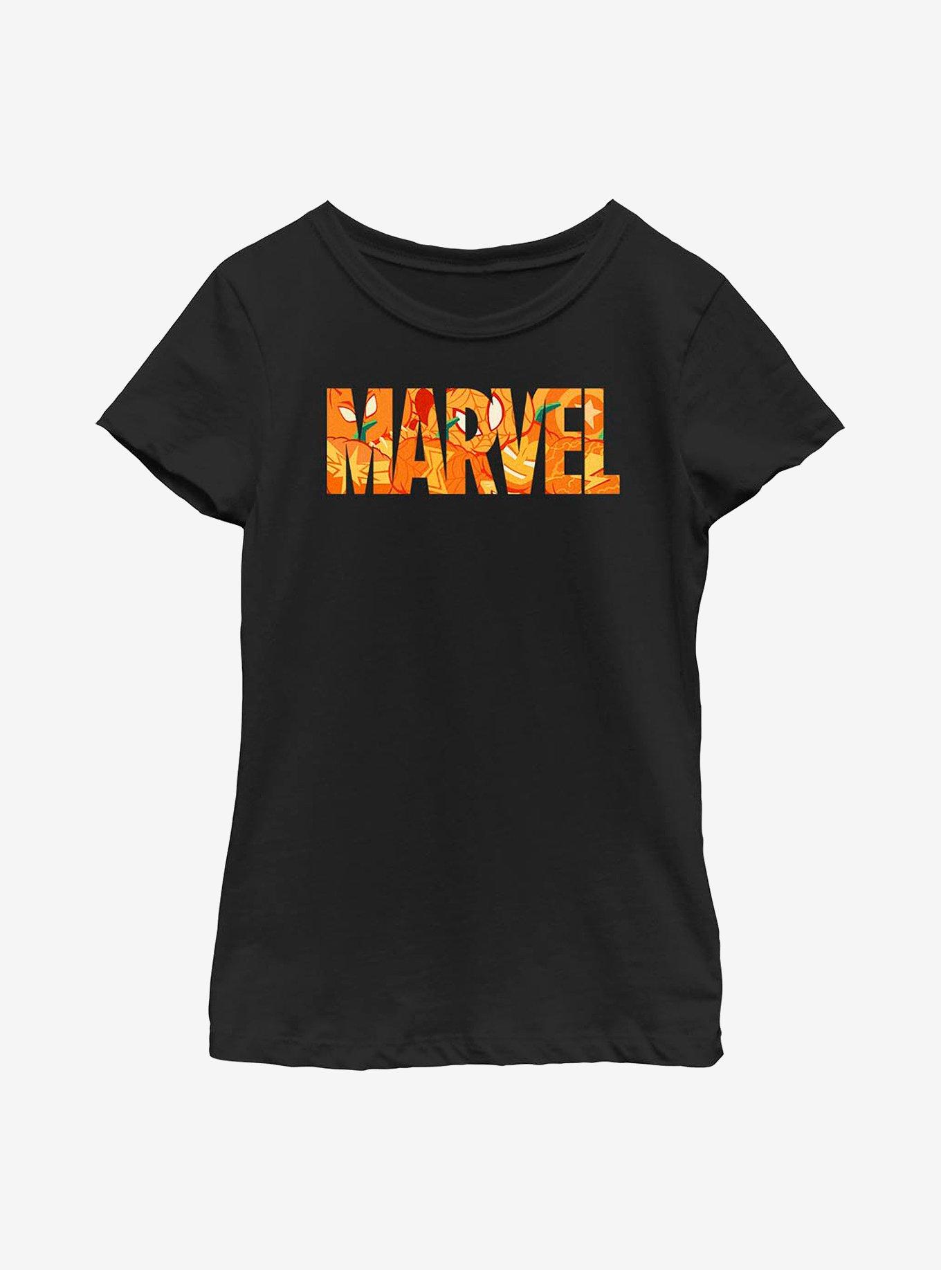 Marvel Logo Jack O Lantern Fill Youth Girls T-Shirt, BLACK, hi-res