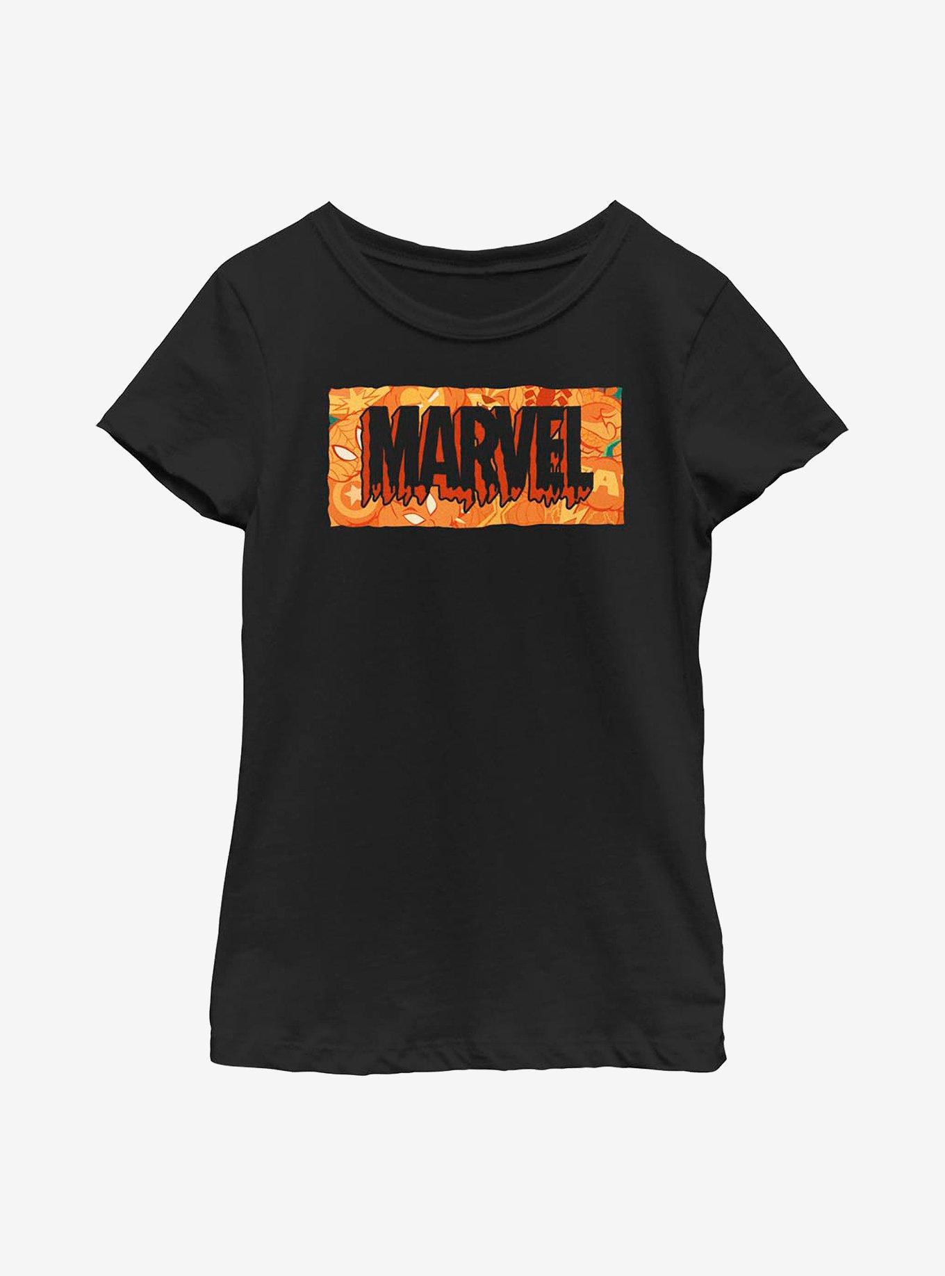 Marvel Spooky Logo Jack O Lantern Fill Youth Girls T-Shirt, , hi-res