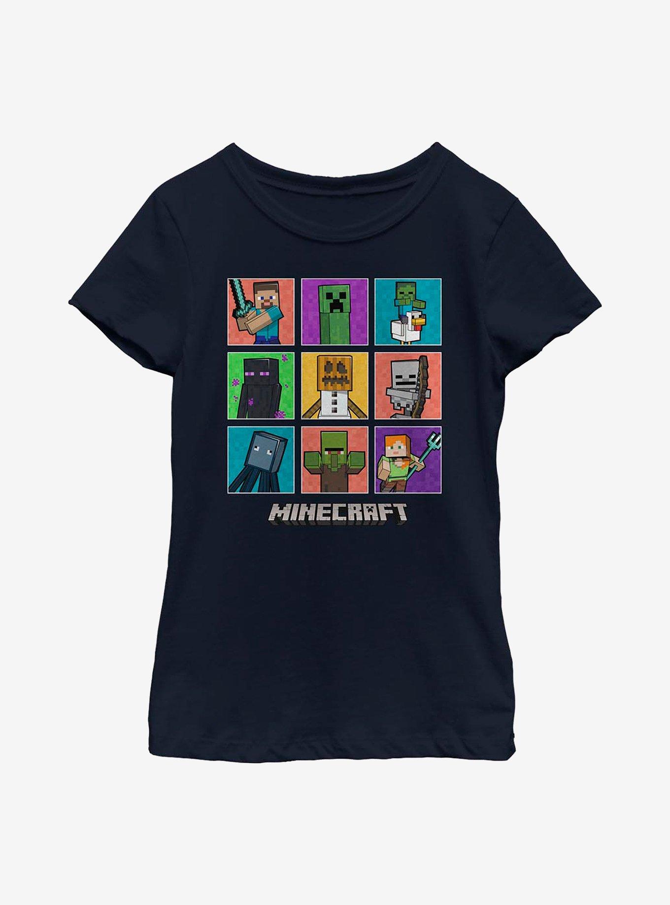 Minecraft 9 Character Boxup With Chicken Jockey Youth Girls T-Shirt, NAVY, hi-res