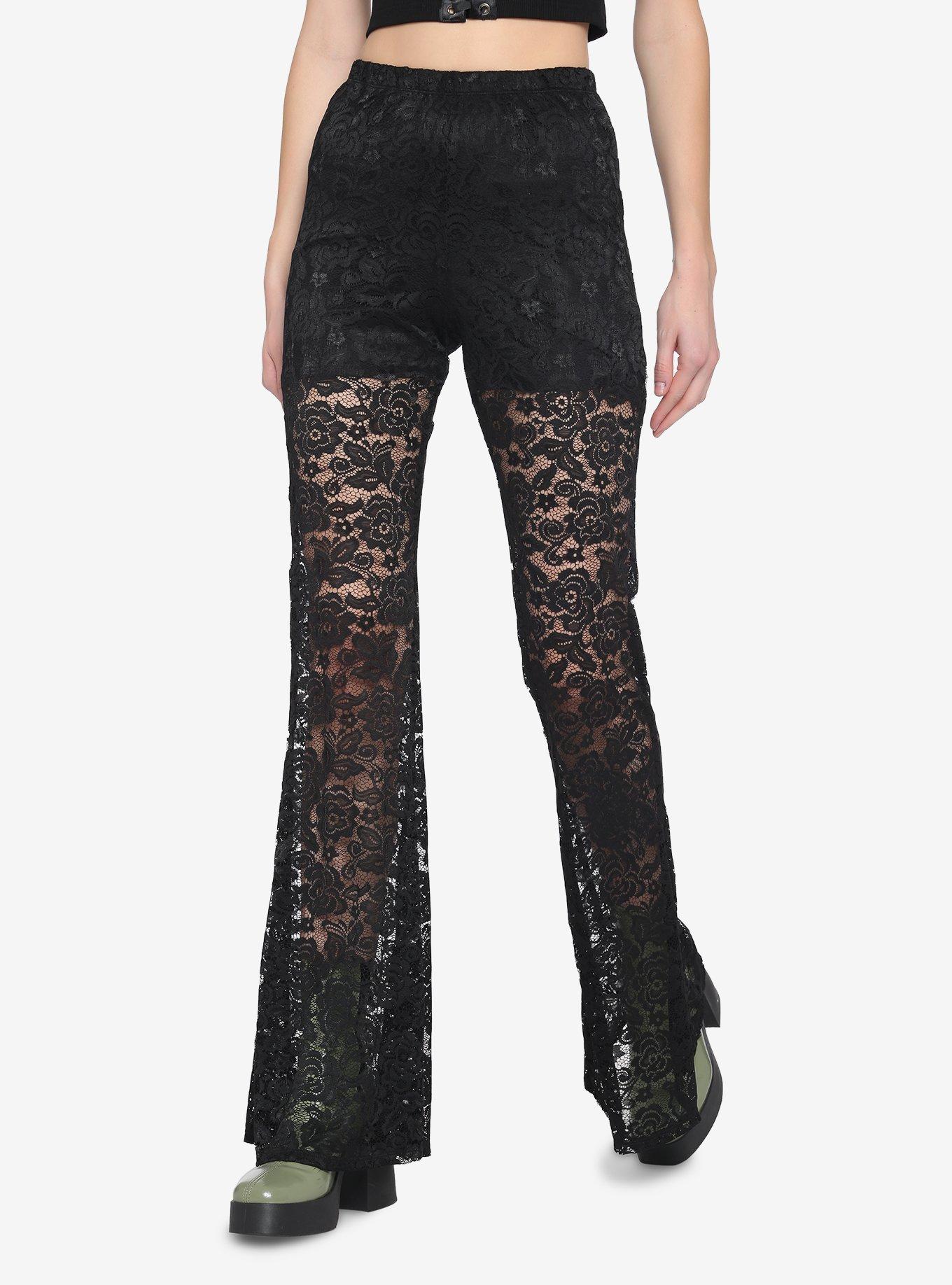 Black Sheer Lace Flare Leggings, BLACK, hi-res