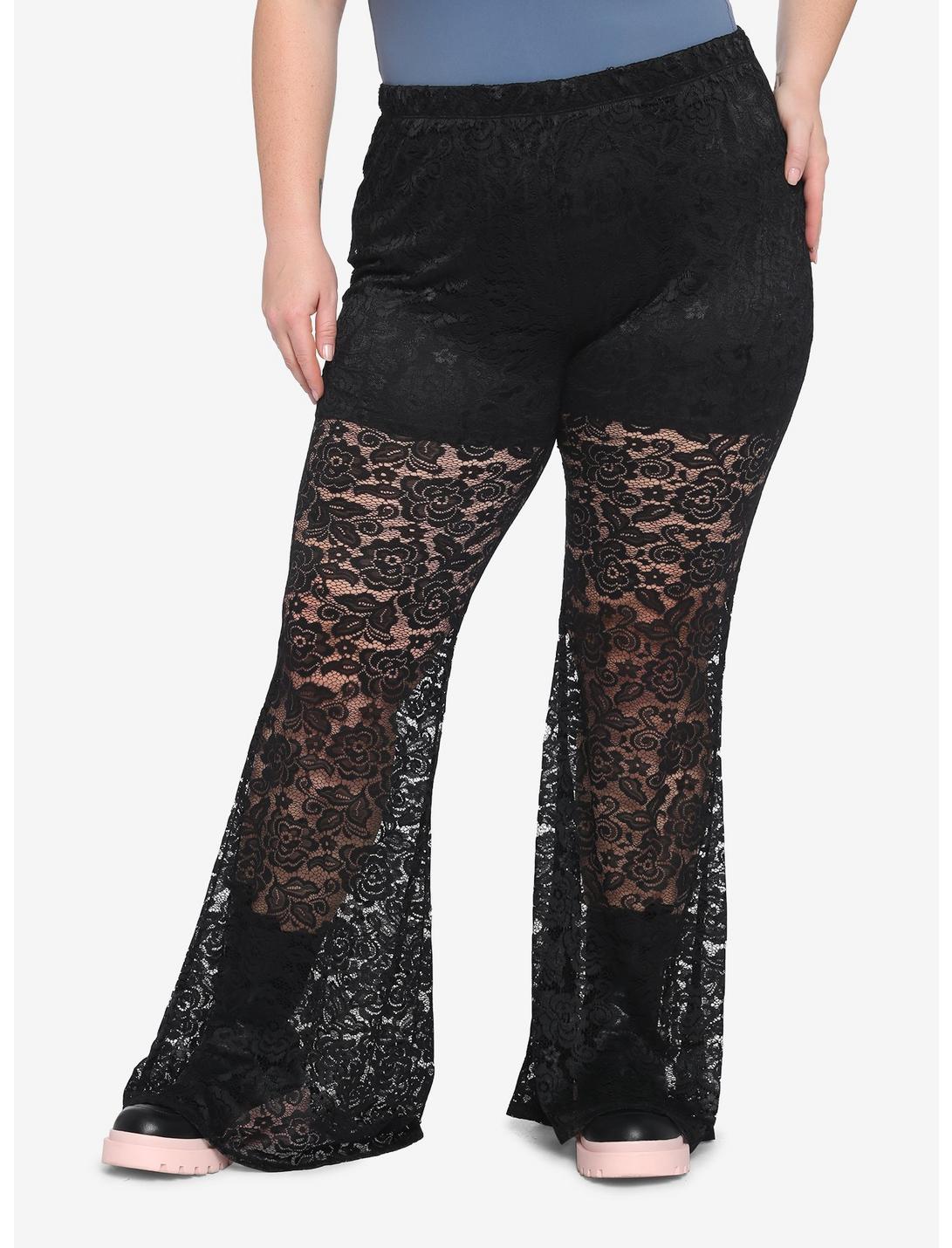 Black Sheer Lace Flare Leggings Plus Size, BLACK, hi-res