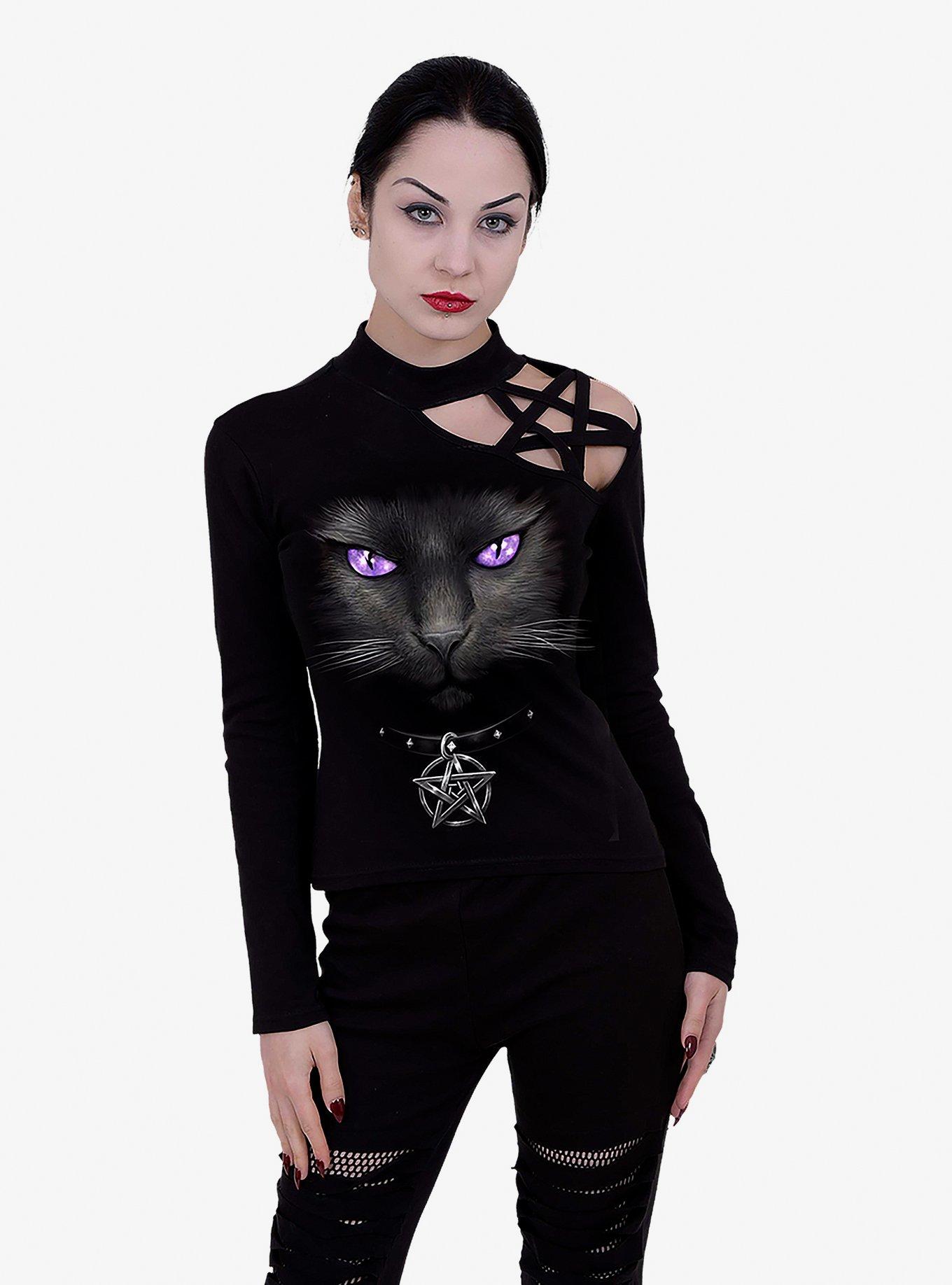 Black Cat Pentagram Shoulder Longsleeve Top, BLACK, hi-res