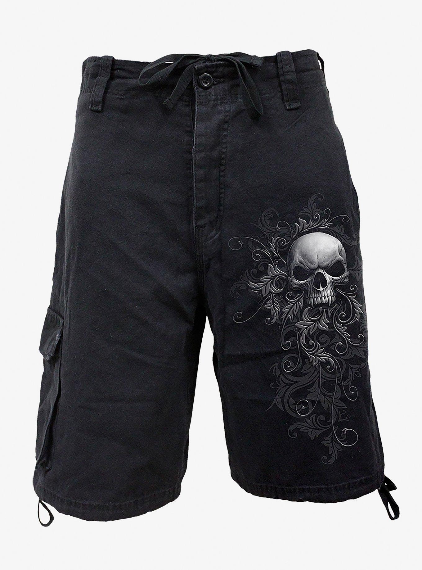 Skull Scroll Vintage Cargo Shorts, BLACK, hi-res