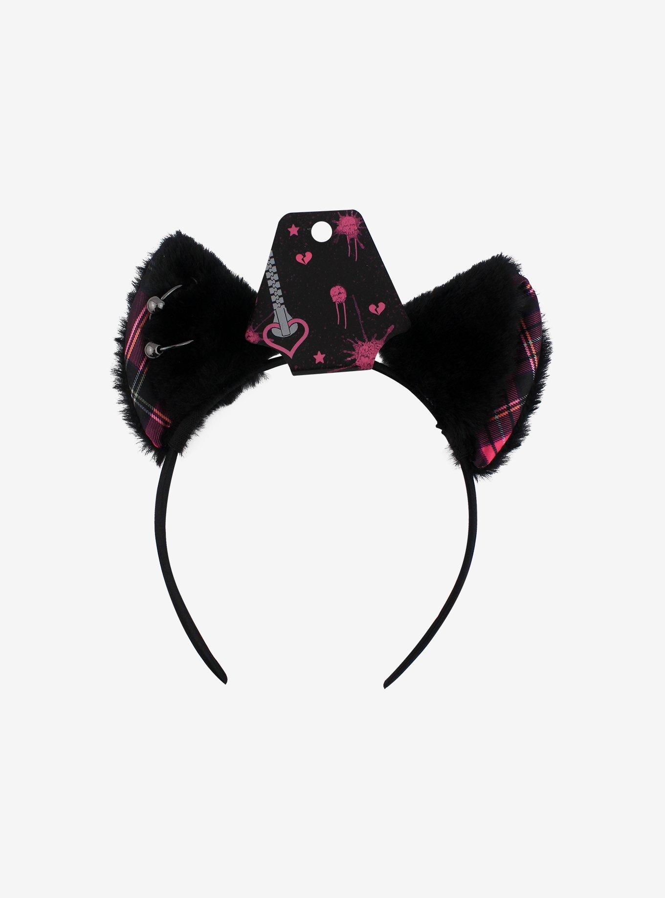 Black & Pink Plaid Pierced Fuzzy Cat Ear Headband Hot Topic