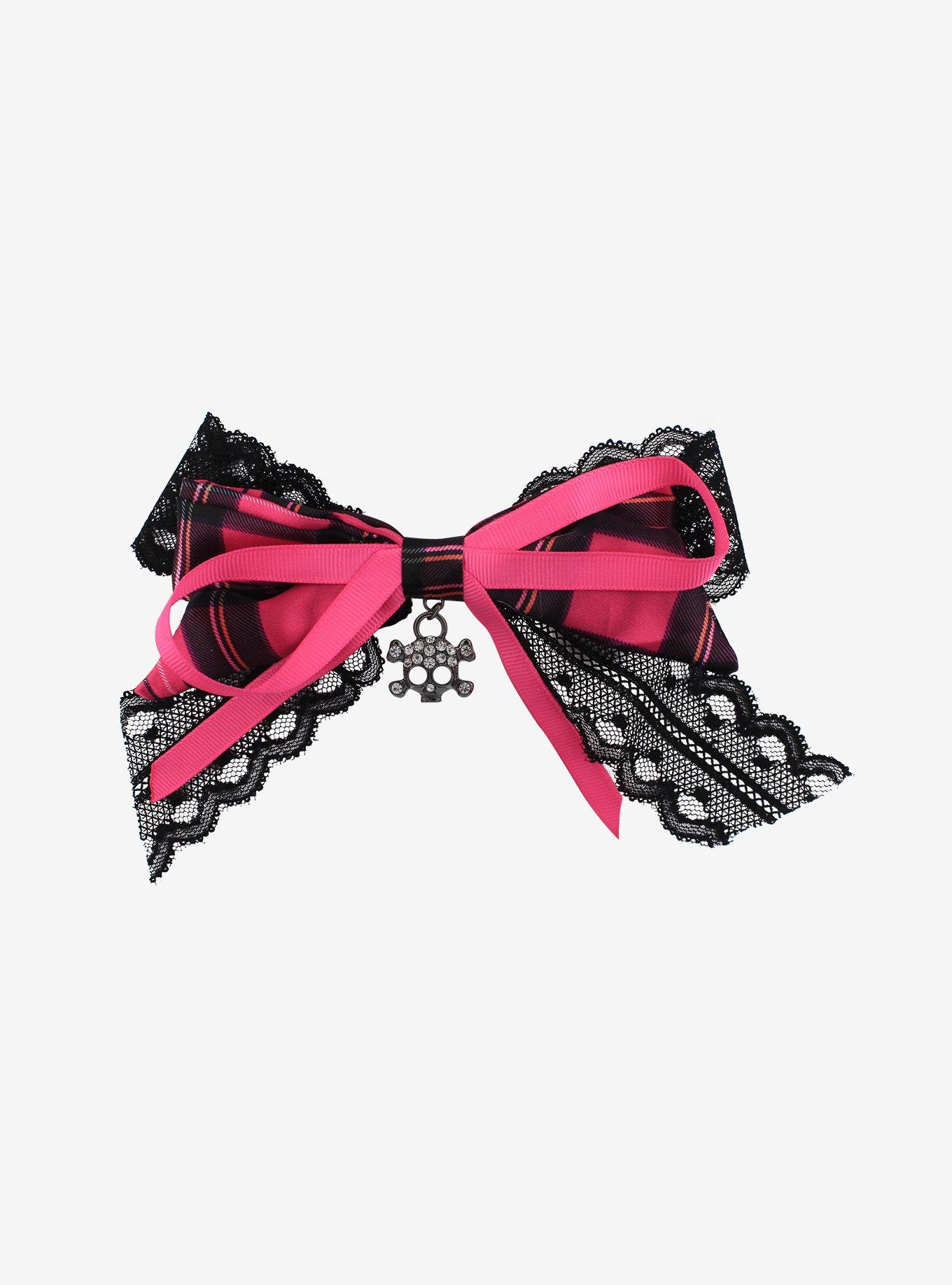 Skull & Lace Plaid Bow Hair Clip, , hi-res