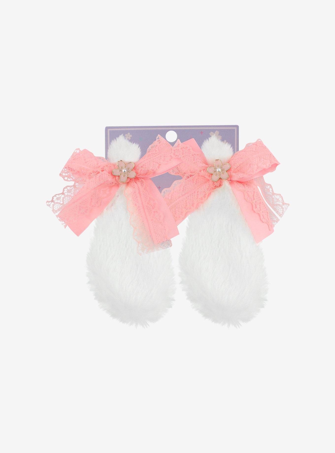 White And Pink Bow Puppy Ear Hair Clips