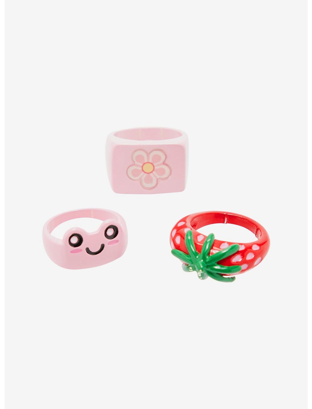 Pink Frog & Strawberry Chunky Ring Set, , hi-res