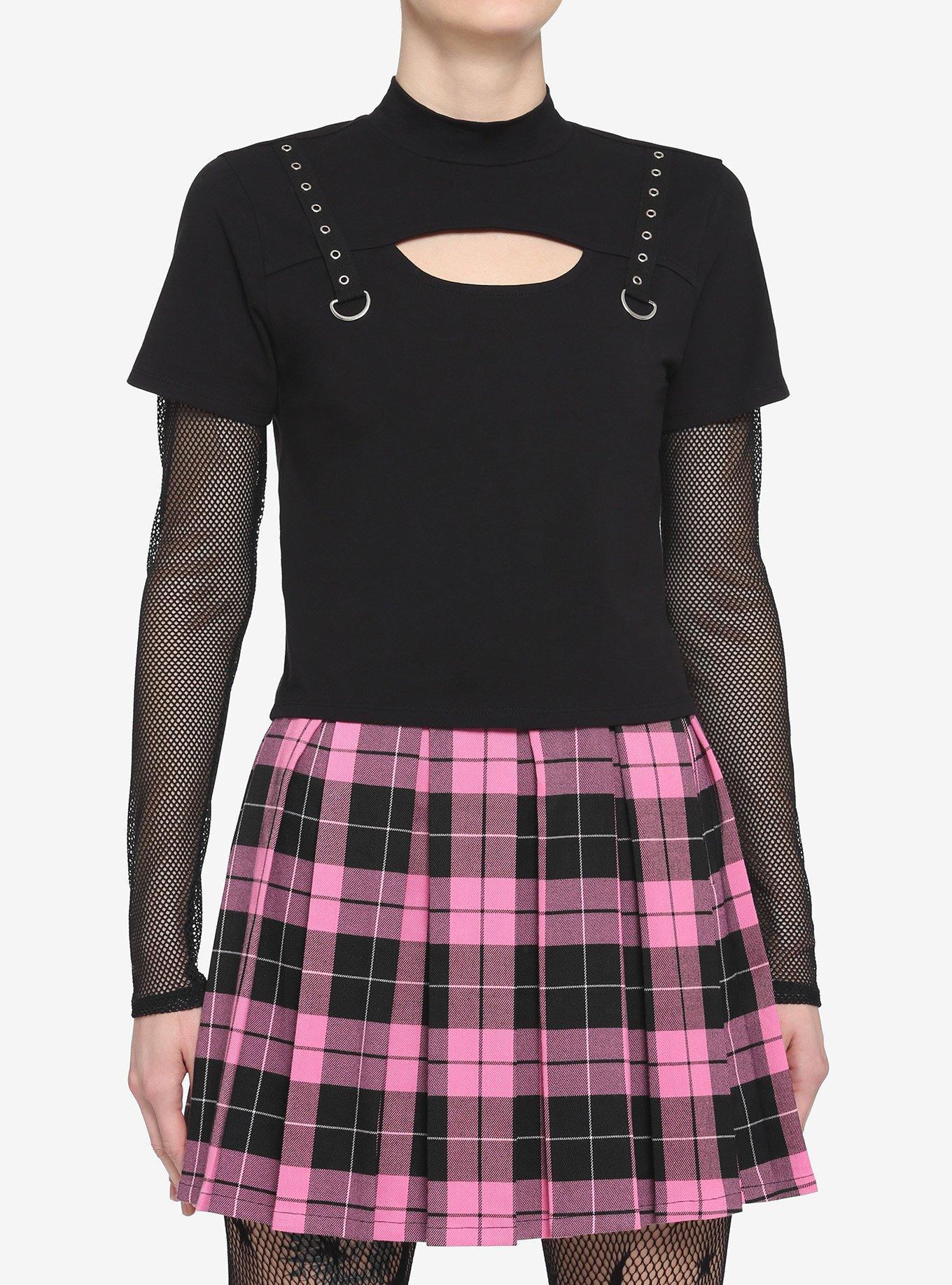 Black Fishnet & Grommets Mock Neck Twofer Girls Top, BLACK, hi-res