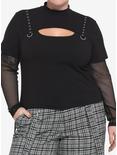 Black Fishnet & Grommets Mock Neck Twofer Girls Top Plus Size, BLACK, hi-res