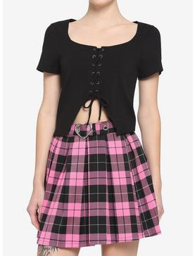Black Lace-Up Cutout Girls Crop T-Shirt, , hi-res