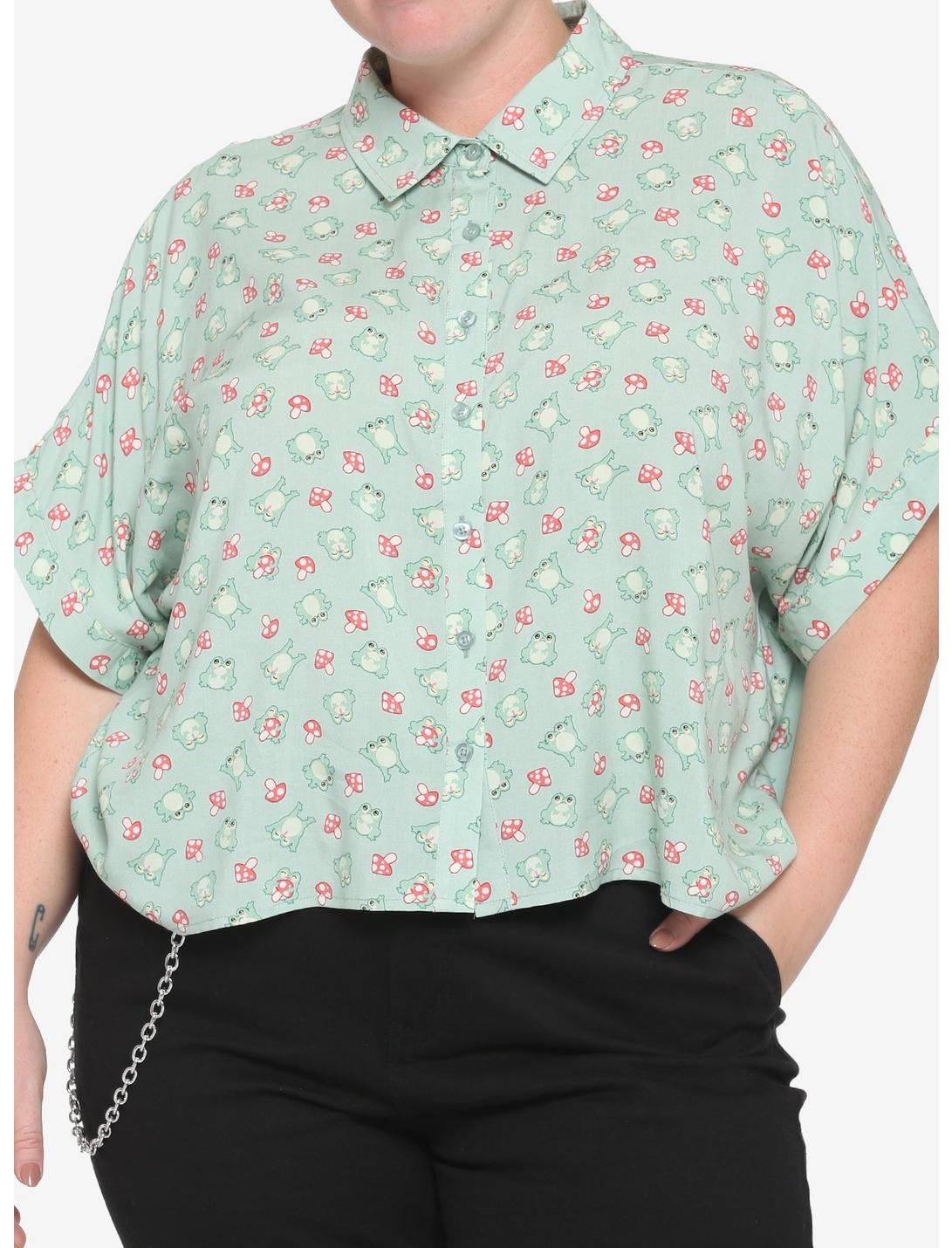 Frog & Mushroom Boxy Girls Crop Woven Button-Up Plus Size, GREEN, hi-res