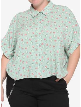 Frog & Mushroom Boxy Girls Crop Woven Button-Up Plus Size, , hi-res