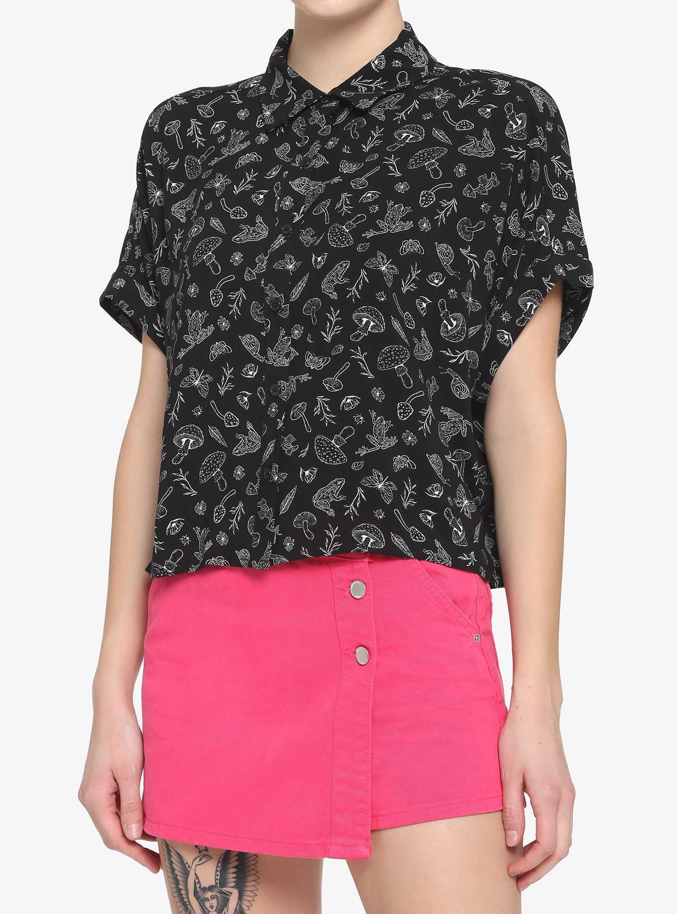 Black & White Frog Boxy Girls Crop Woven Button-Up, , hi-res