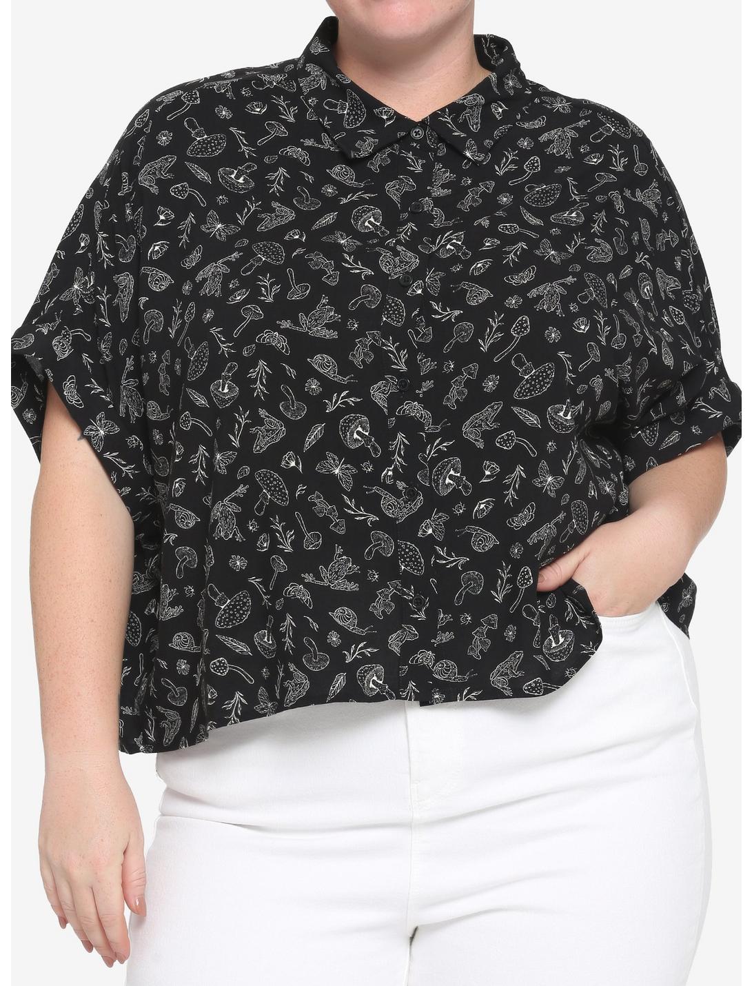 Black & White Frog Boxy Girls Crop Woven Button-Up Plus Size, BLACK, hi-res