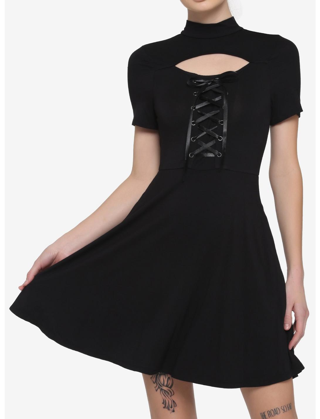 Black Cutout Lace-Up Dress, BLACK, hi-res