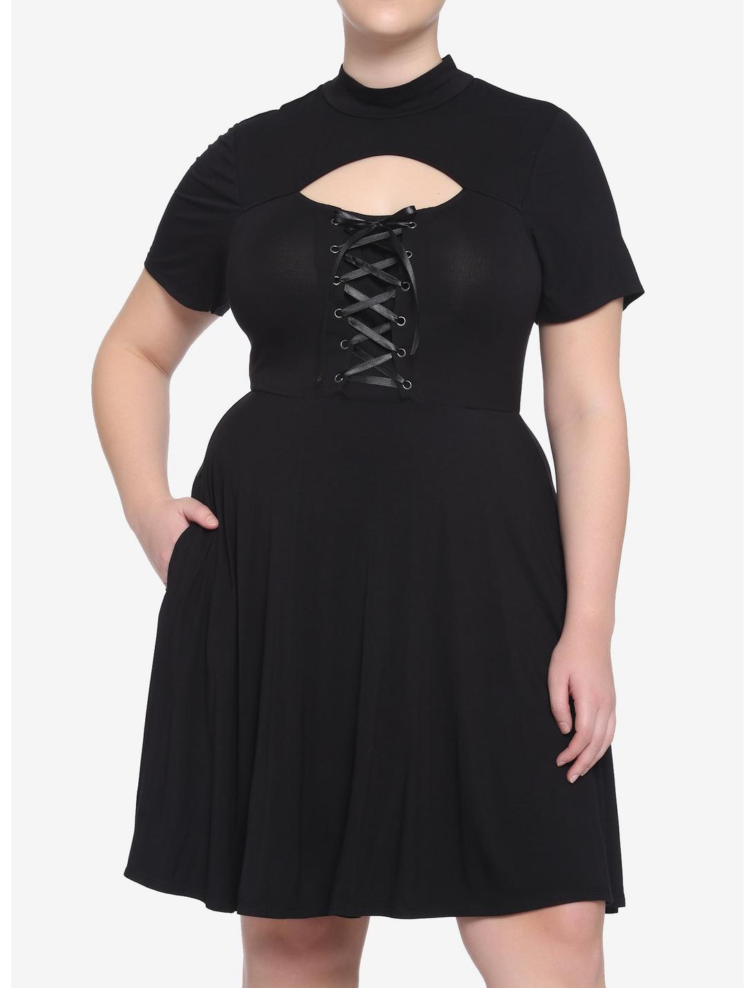 Black Cutout Lace-Up Dress Plus Size, BLACK, hi-res