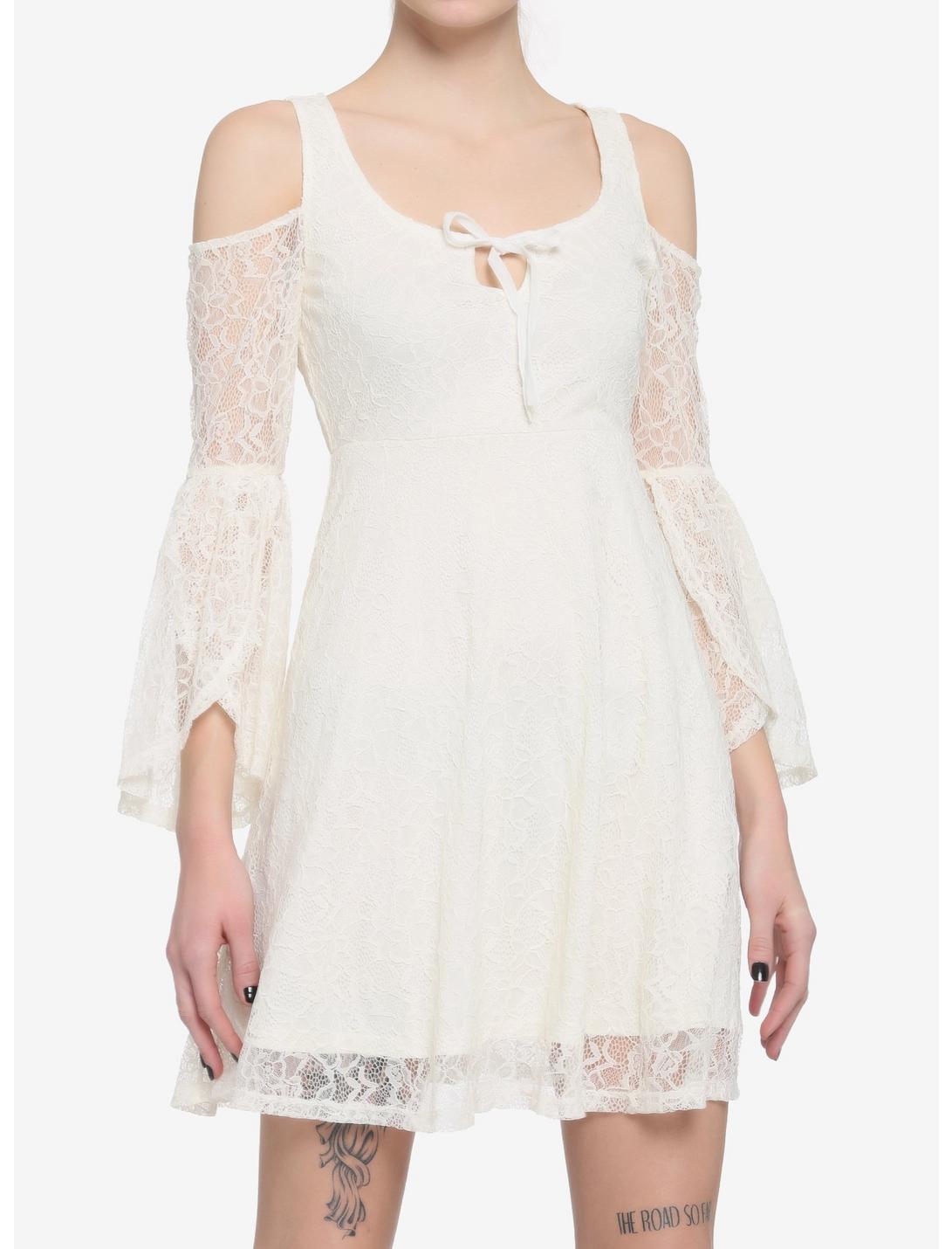 Ivory Cold Shoulder Bell-Sleeve Lace Dress, IVORY, hi-res
