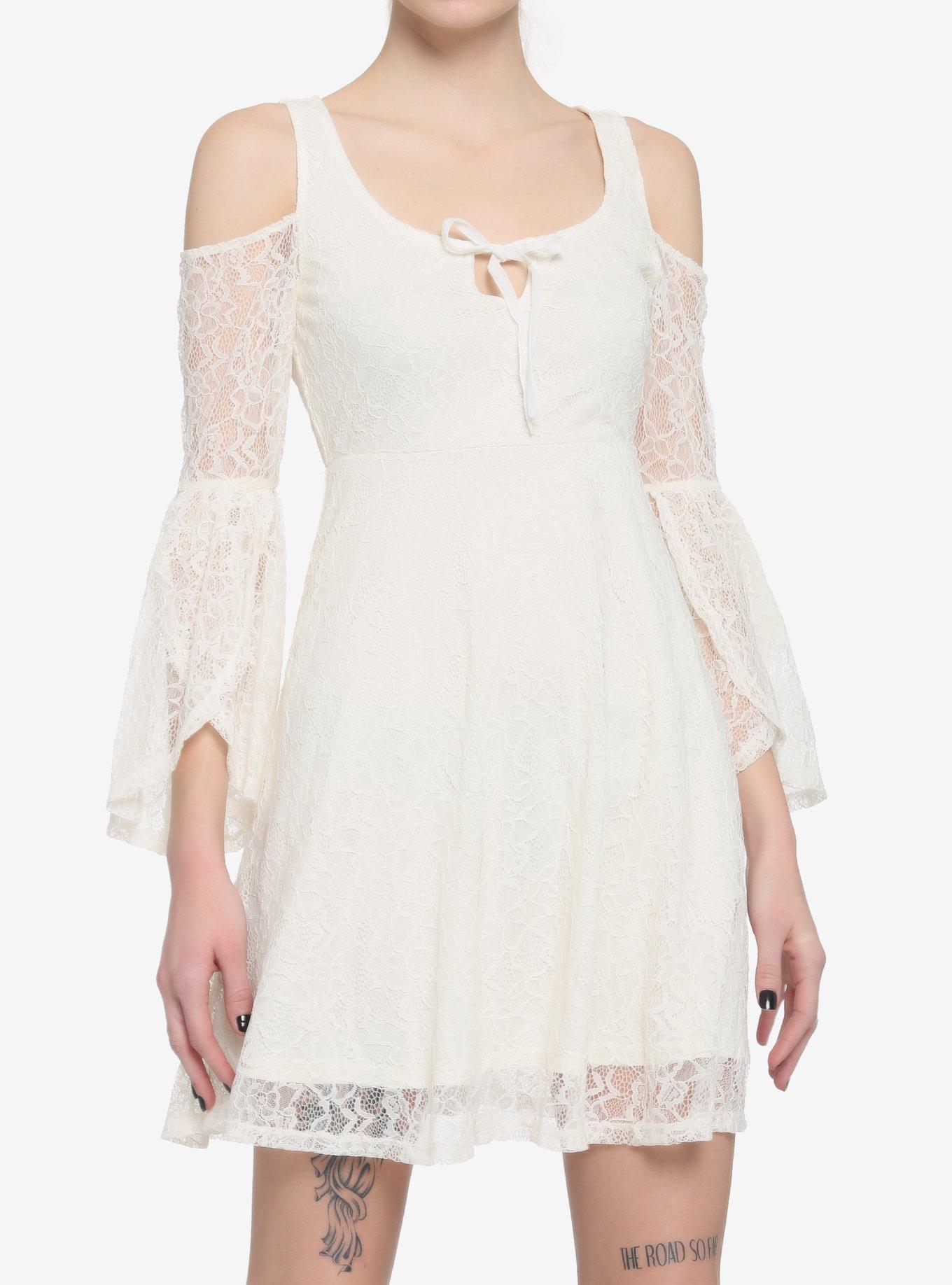 Ivory Cold Shoulder Bell-Sleeve Lace Dress, IVORY, hi-res