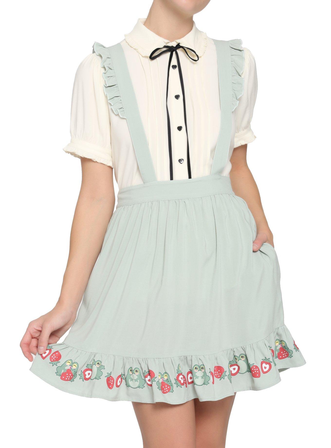 Frogs & Strawberries Ruffle Suspender Skirt, GREEN, hi-res