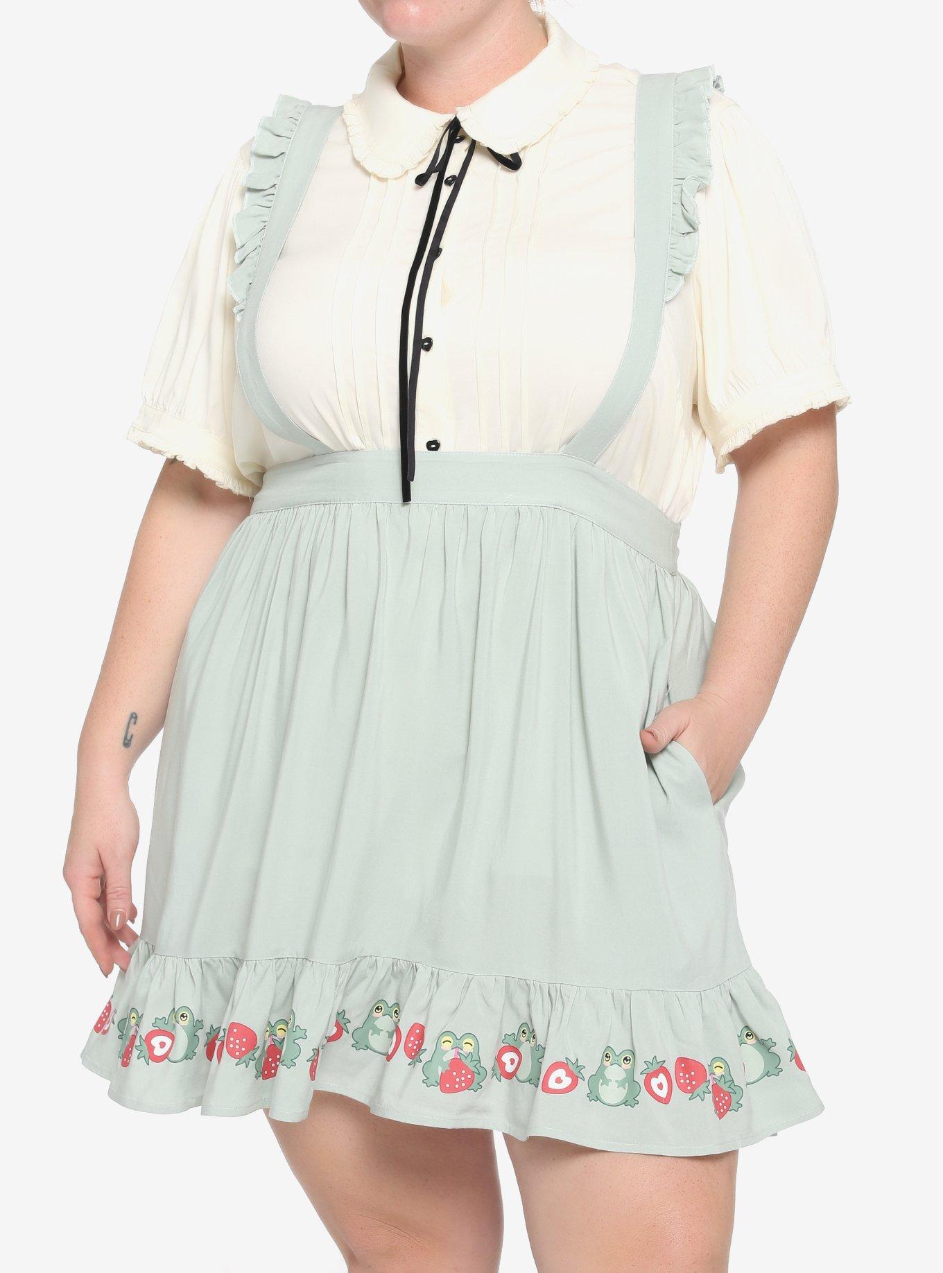 Frogs & Strawberries Ruffle Suspender Skirt Plus Size, GREEN, hi-res